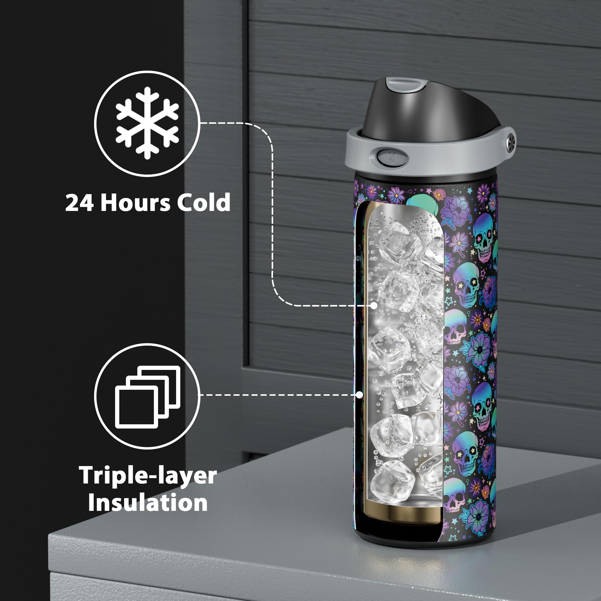 24 oz Halloween Insulated Water Bottle: Meoky Stainless Steel Water Bottle with 2-in-1 Straw and Spout Lid - Leak Proof, Fits in