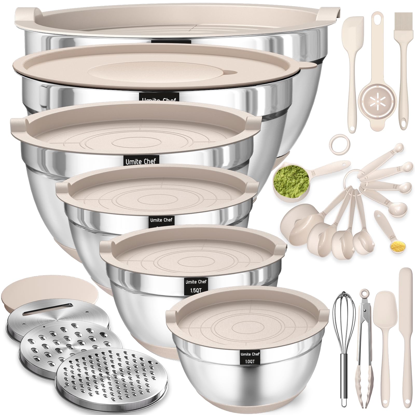 Mixing Bowls With Airtight Lids Set, 26Pcs Stainless Steel Khaki Bowls With Grater Attachments, Non-Slip Bottoms & Kitchen Gadge