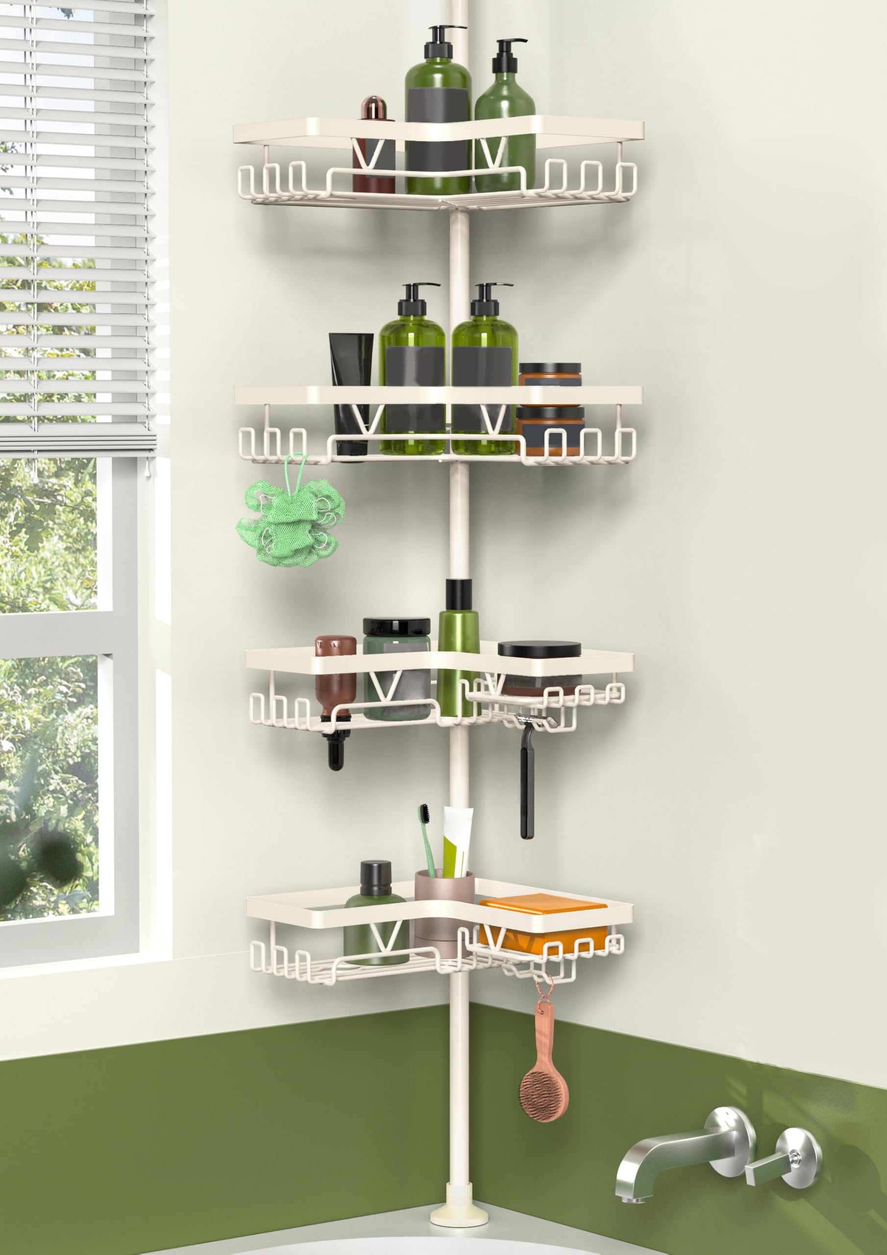KEGII Shower Corner Caddy Tension Pole, Rustproof Corner Bathroom Organizer, No Drilling Bathtub Shelf for Inside Shower, Waterp