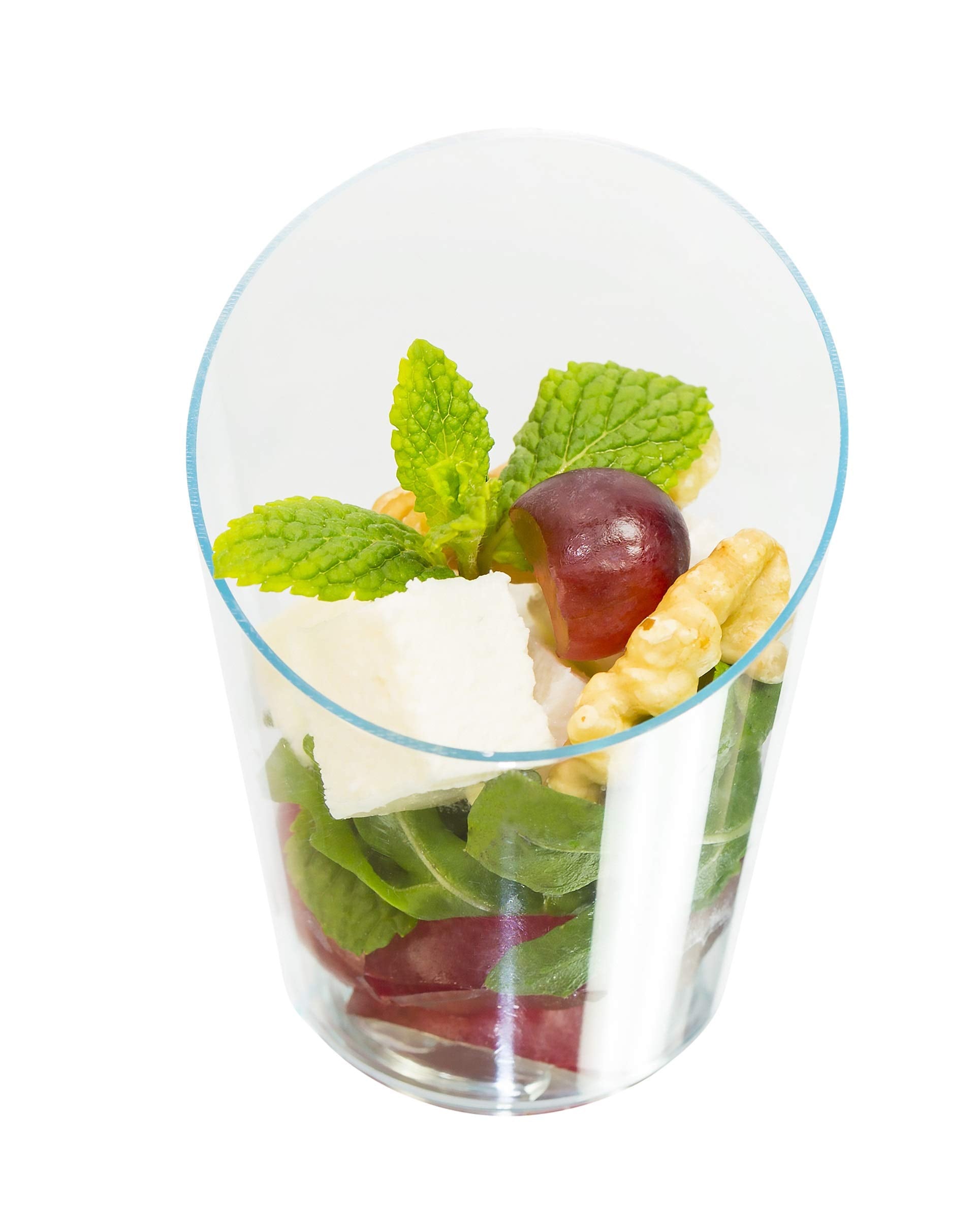 Open Cut Slanted Round Dessert Cups - 3 Ounce - 40 Count - Spoons Included - Clear Plastic - Slanted Cylinder Mini Dessert Cup -
