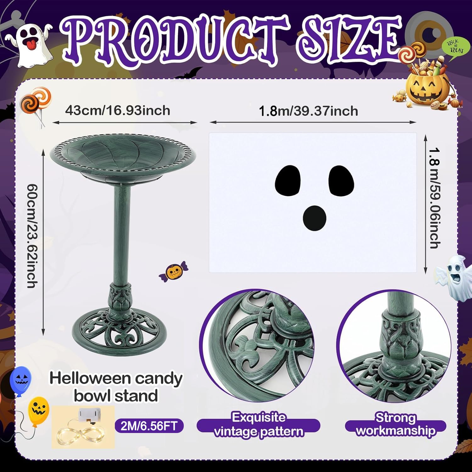 Fanfanwin Halloween Ghost Lighted Decorations Outdoor Indoor, Cute Ghost Candy Bowl Stand Large, Outdoor Pedestal Bird Bath Vint