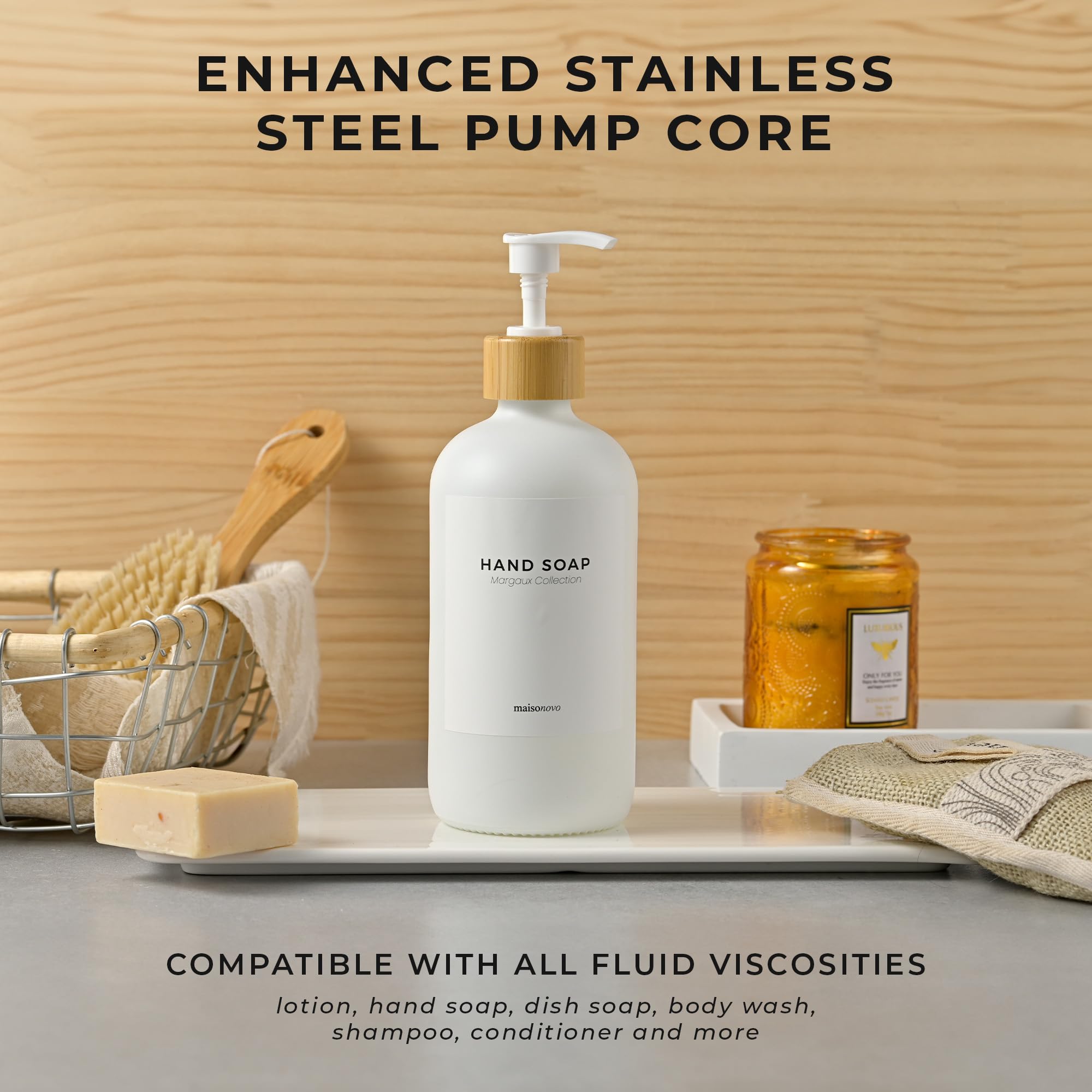 Maisonovo Hand Soap Dispenser | 16.9 Fl Oz Glass White Soap Dispenser With Bamboo Pump