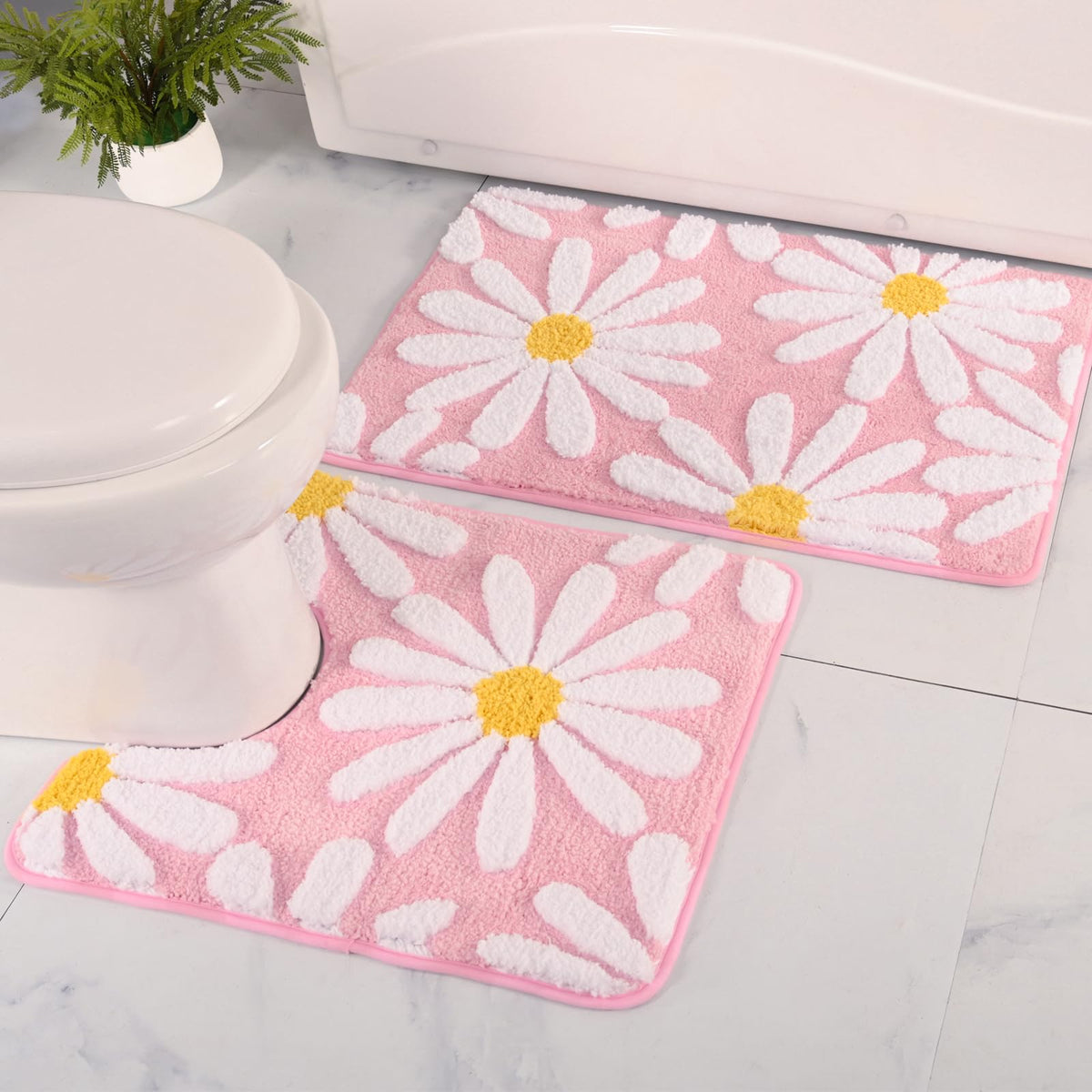Qjhomo Bathroom Rugs Sets 2 Piece Cute Daisy Bath Mat Pink Toilet Rug U Shaped, Flower Deocr Bathroom Set Non Slip Contour Bathm