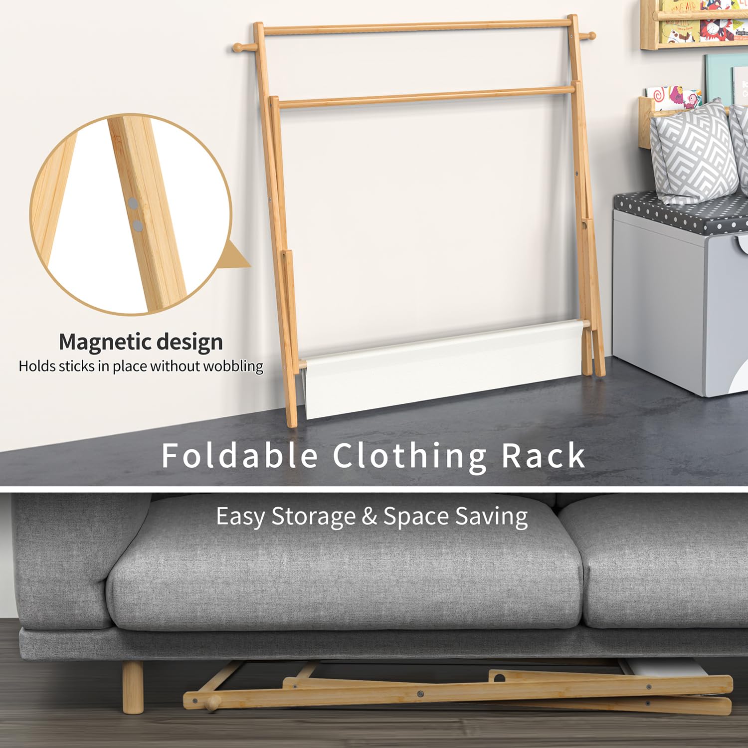 Bamboohomie Kids Clothing Rack, Kids Dress Up Rack With Storage Shelf & Double Rods, Foldable Kids Dress Up Clothes Rack For Tod