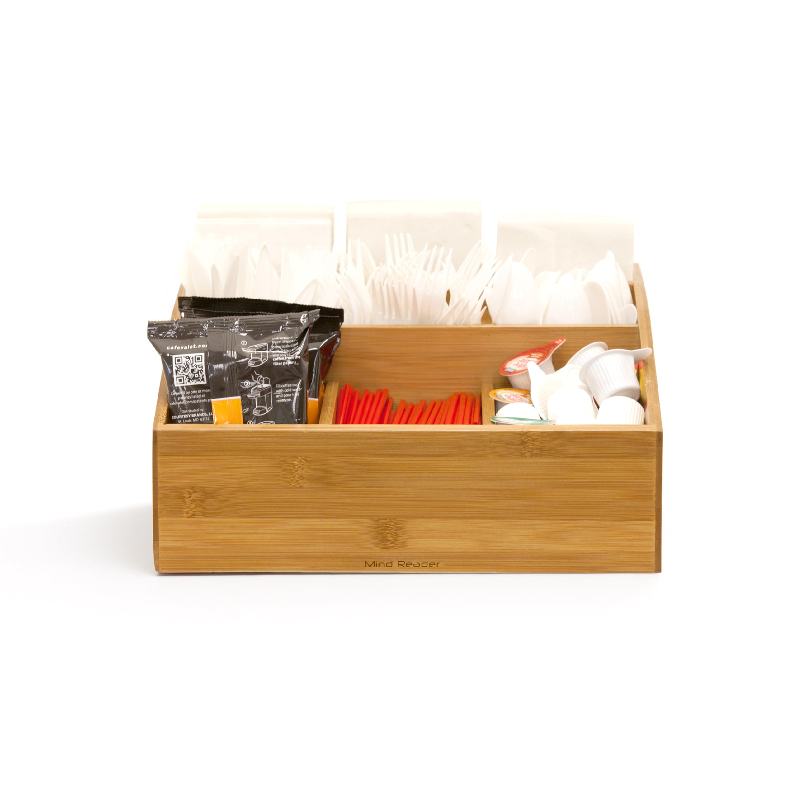 Mind Reader Coffee Condiment And Accessories Caddy Organizer With 9 Organizing Compartments, Bamboo Brown