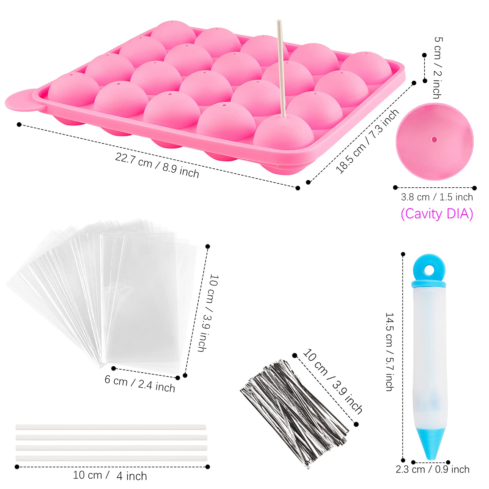 Ocmoiy Cake Pop Mold Set Of 262 - Including 20 Cavities Silicone Cake Pop Molds, Cake Pop Sticks, Cake Pop Wrappers, Sliver Twis
