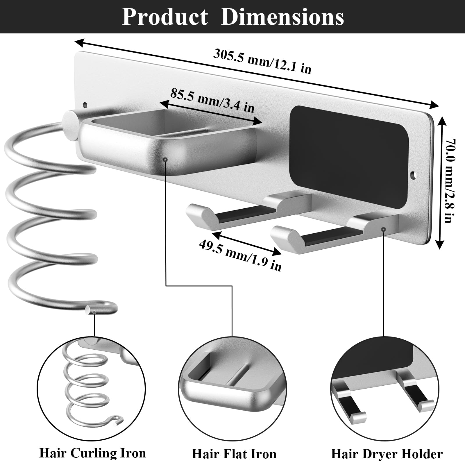 Tindbea Hair Dryer Holder Curling Iron Holder Flat Iron, Blow Dryer Holder Wall Mount, 3 In 1 Bathroom Hair Tool Organizer Rack