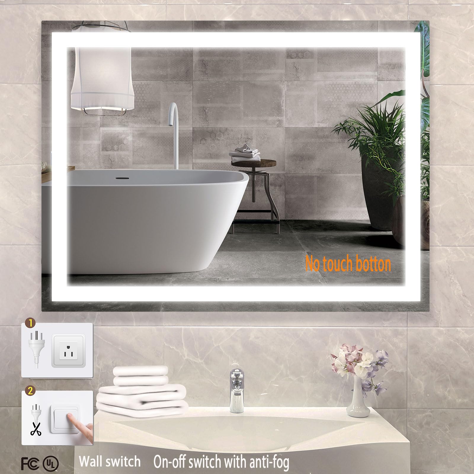 Yeeopp 36''X28'' Led Bathroom Mirror With Lights, Frontlit, Anti-Fog, Lighted Bathroom Vanity Mirror For Wall Mounting, Tempered