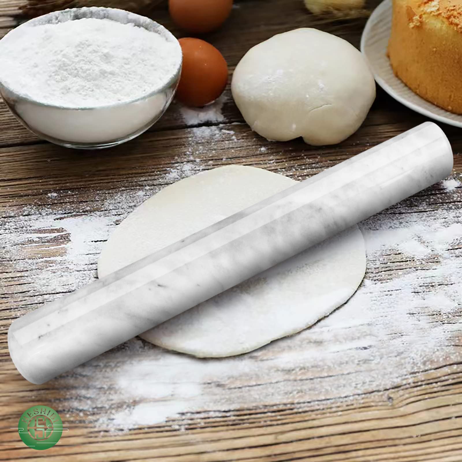 Heshibi Marble Rolling Pin With Stand, 15.7'' White Stone French Heavy Polished Non Stick Cookie Pizza Pastry Dough Baker Roller