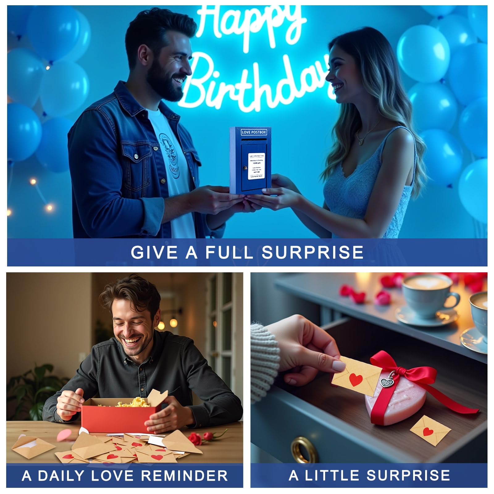 JULEASEL Romantic Love Postbox with 50 Mini Love Notes and Envelopes for Him, Cute Couple Gifts for Boyfriend, LoveLetter, Long