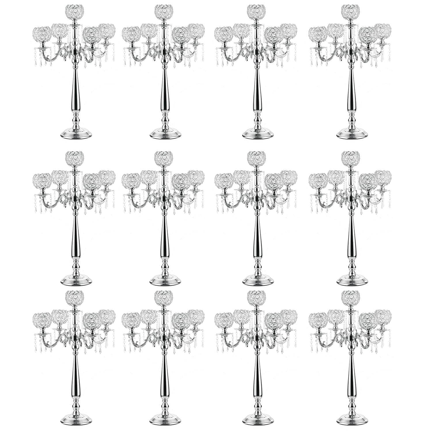 Silver 5 Arm Candelabra Centerpieces for Tables,Crystal Candle Holder Hollow Engraved Party Table Centerpiece for Weddings,Chris