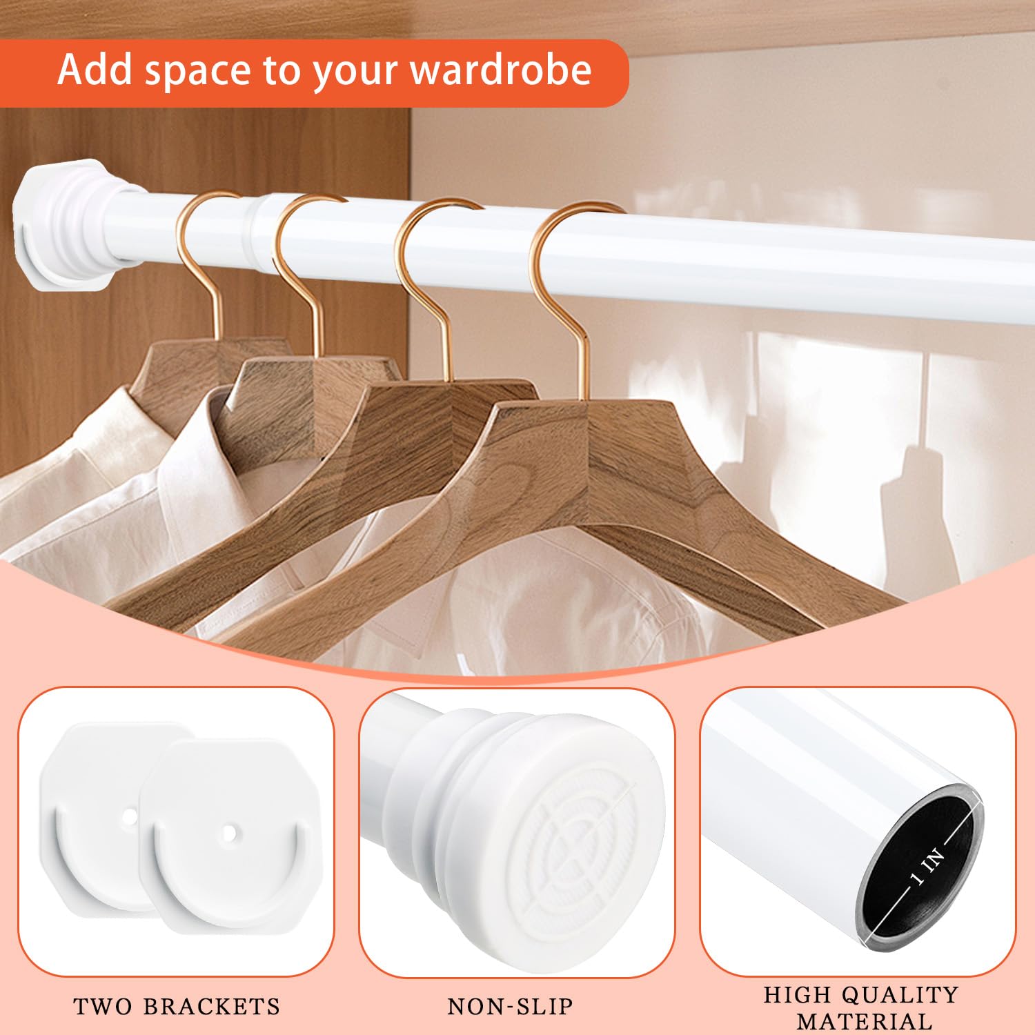 Dwelspire Closet Rods For Hanging Clothes, White Closet Rod 30-76 Inch Adjustable Clothes Hanging Bar Shower Curtain Rods For Cl