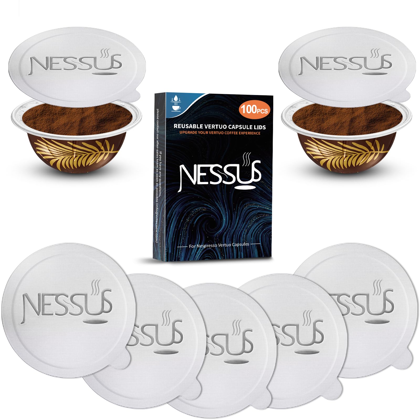 Nessus 100 Pcs Original Aluminum Foil Lids From Vertuo Reusable Pods Kit, [Alseal Ez Fit] For Nespresso Refillable Pods, Compati