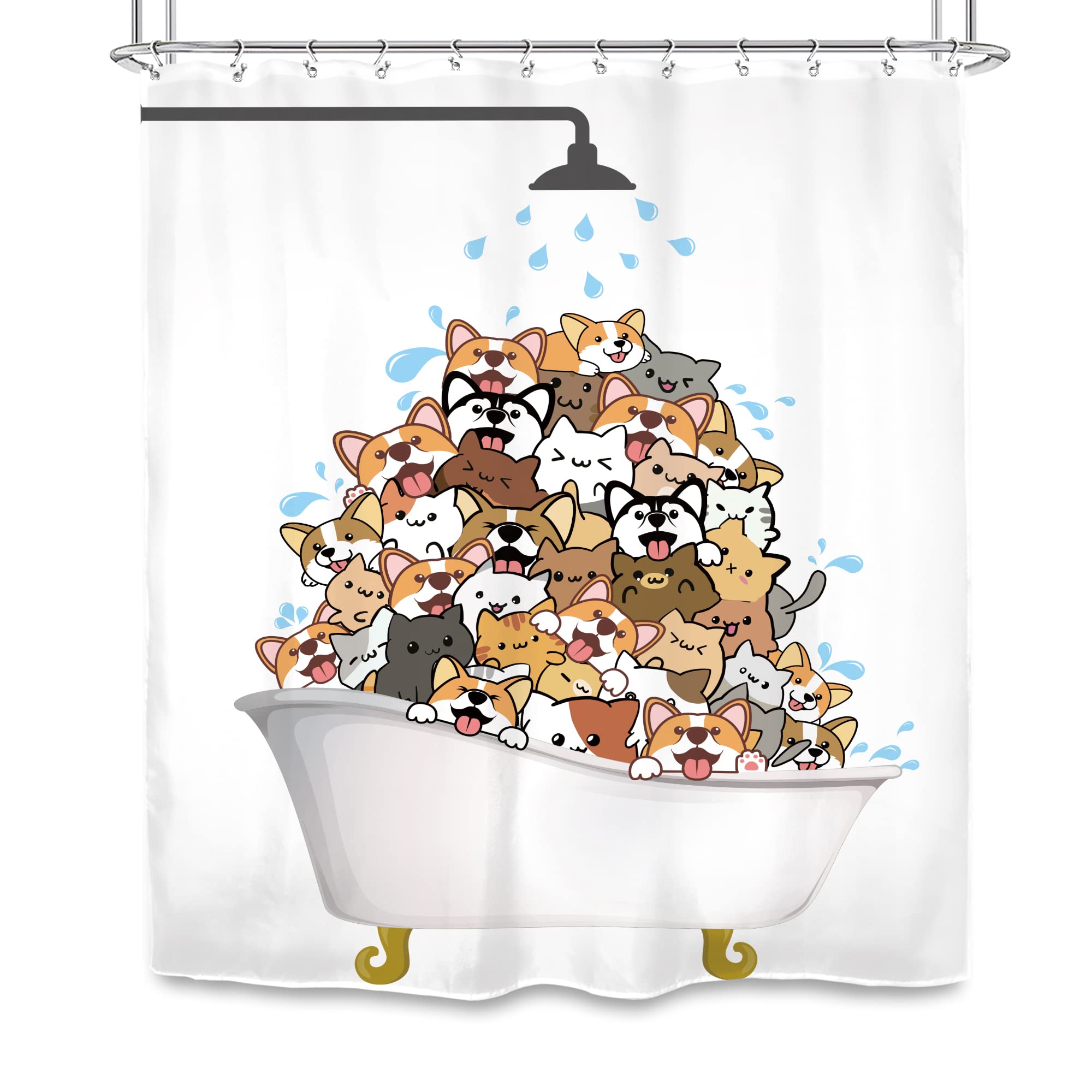 SVBright Cats Shower Curtain, Waterproof Polyester, 60"x72", Corgi Dog Design, Funny Kawaii, Includes 12 Hooks, Model SVB-SJ15-NNugf