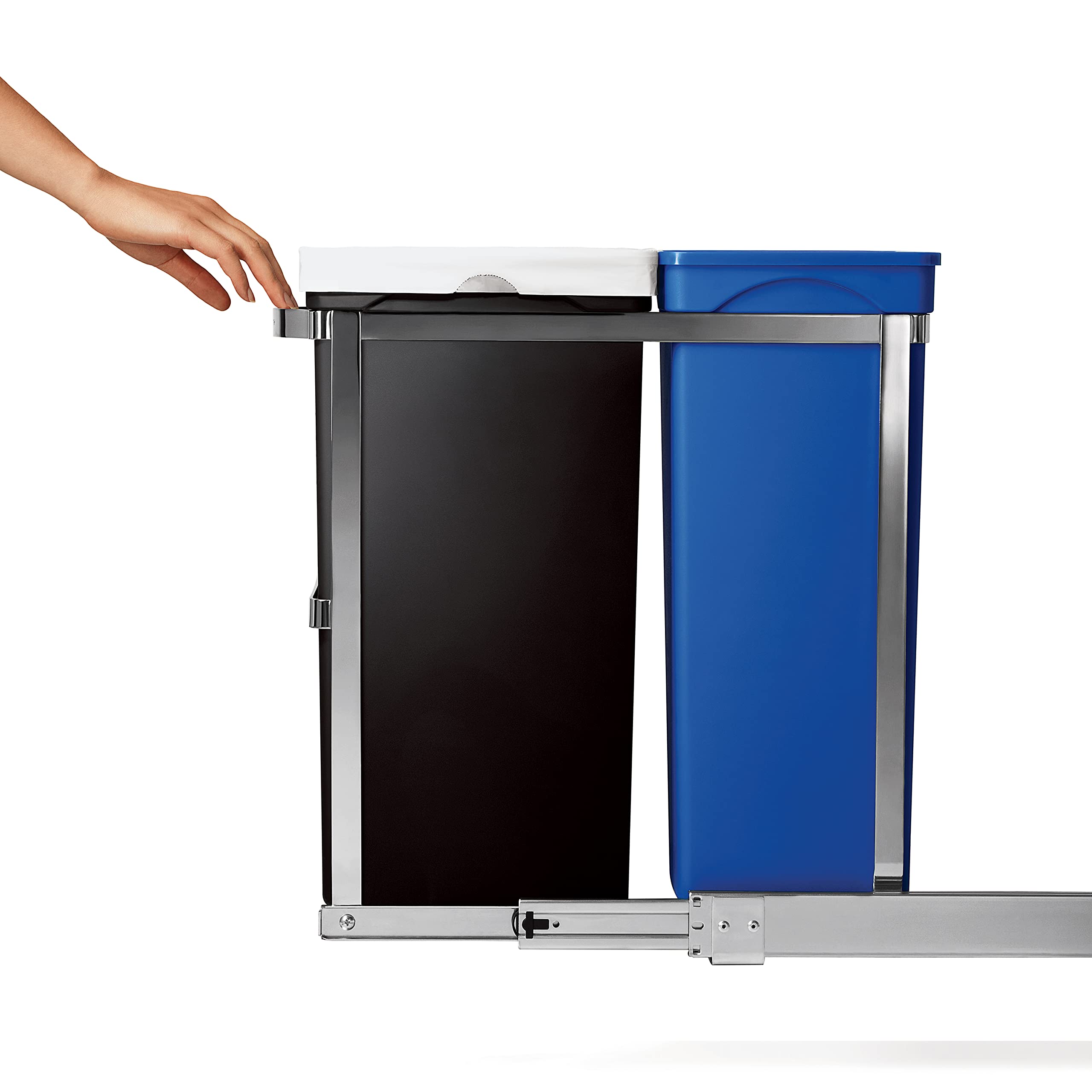 simplehuman Dual Compartment Pull-Out Recycling Bin & Trash Can, 35L, Chrome, Stainless Steel, Model CW1016