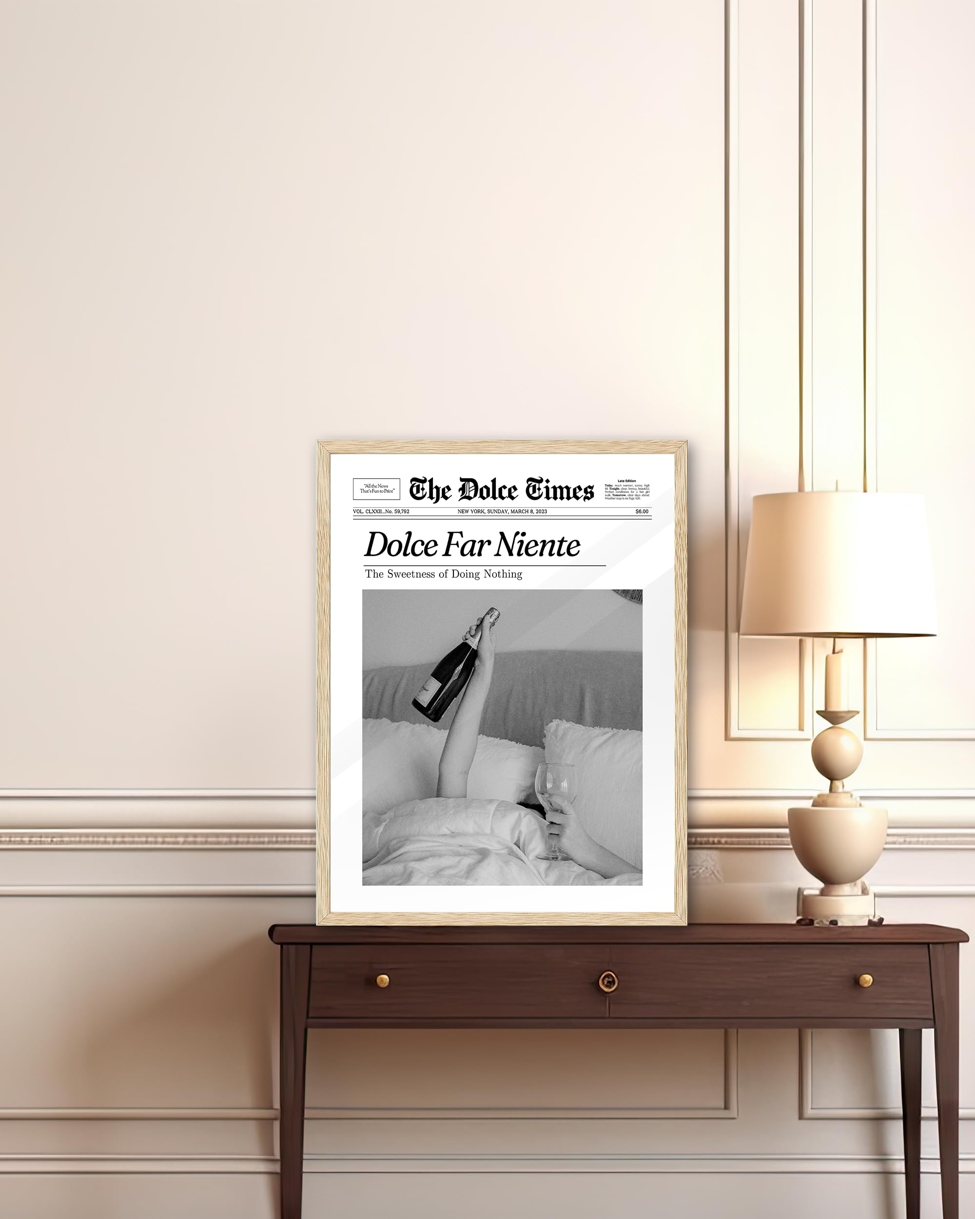 Ihery Dolce Far Niente Framed Trendy Newspaper Wall Art, Natural Oak Wood 12X16In Canvas Wall Art Bedroom,The Sweetness Of Doing