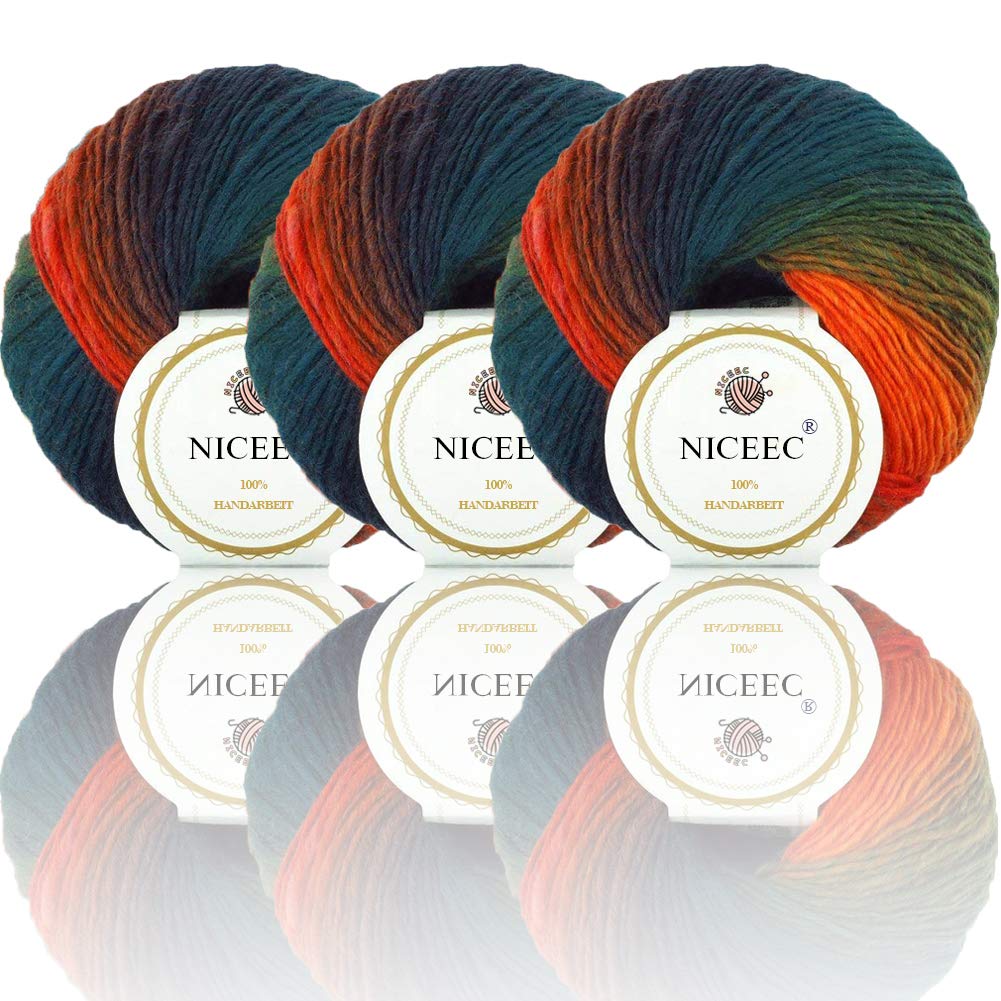 Niceec 3 Skeins 100 Wool Rainbow Yarn Single Ply Yarn Soft Gradient Colorful Yarn Self-Striping Crochet Yarn For Knitting-10