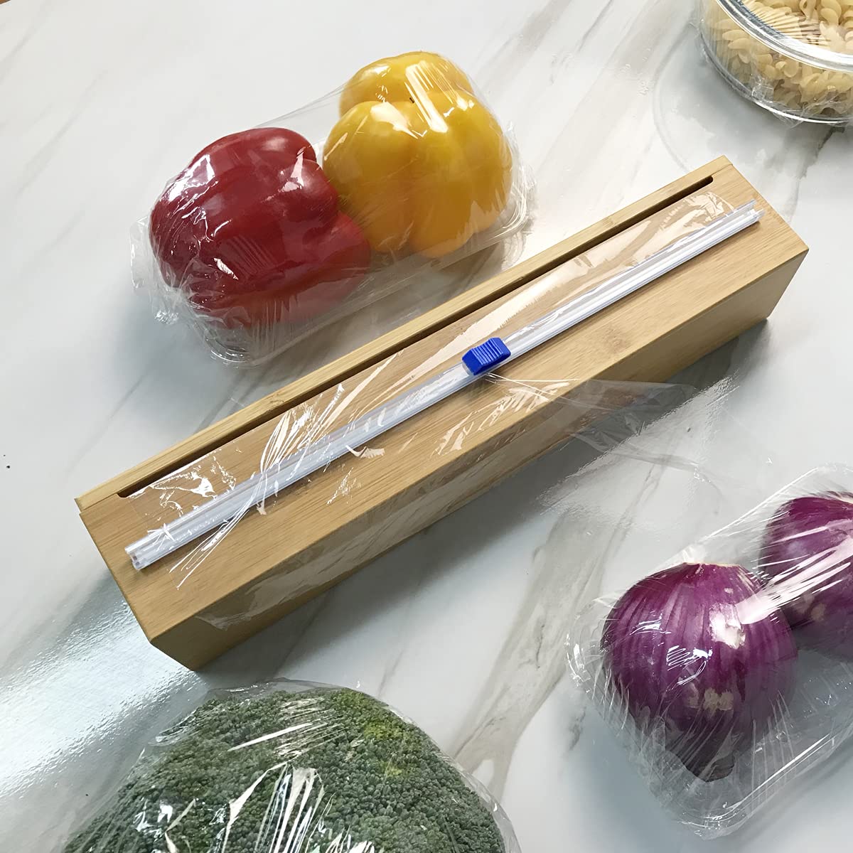 Plastic Wrap Dispenser, Bamboo Wood Cling Food Wrap Dispenser, With Slide Cutter & A Roll Of 11.5'' X300 Ft Bpa Free Plastic Wra