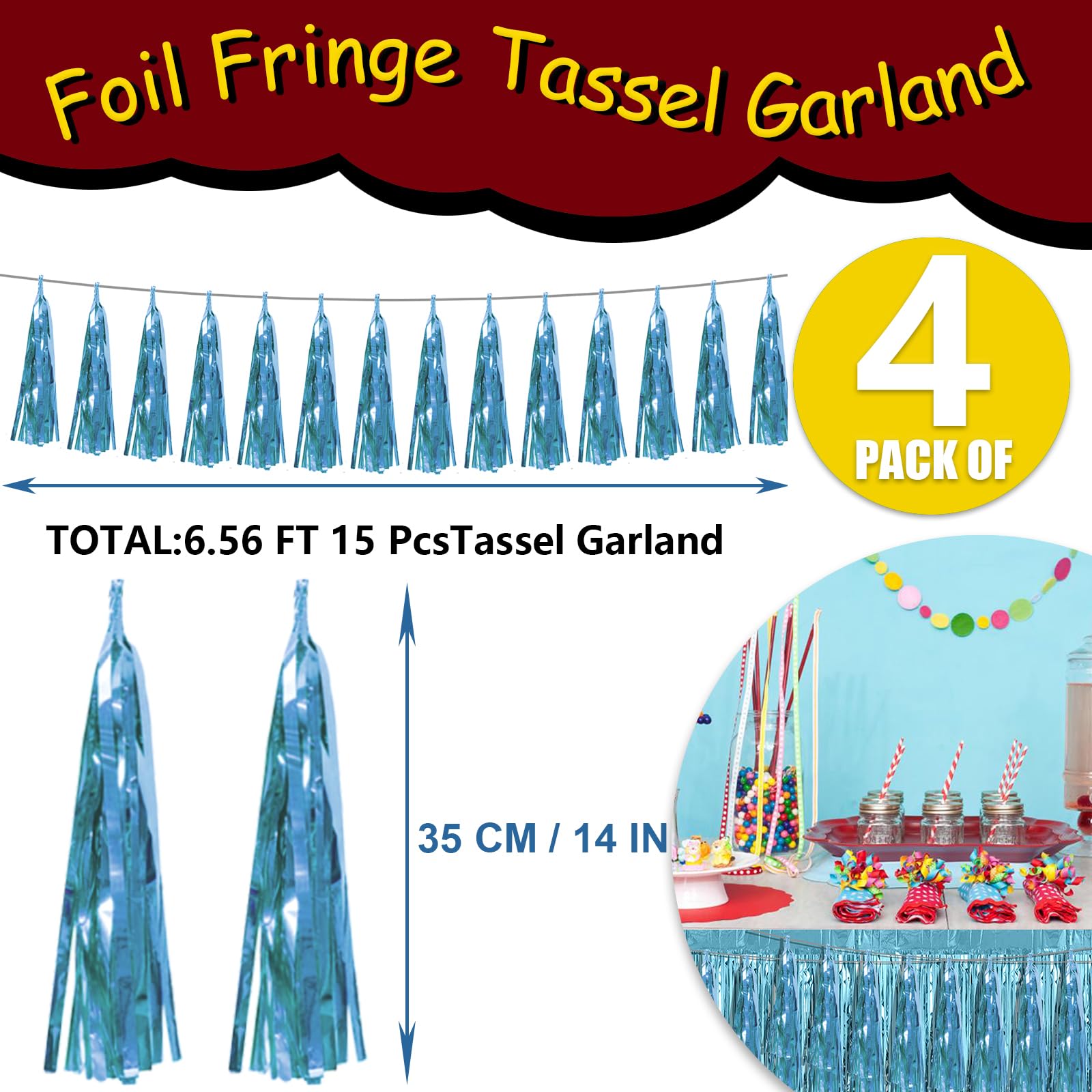 4P Light Blue Foil Fringe Tassel Banner Garland Metallic Tinsel Streamers Wall Hanging Curtain Backdrop Banner for Parade Floats
