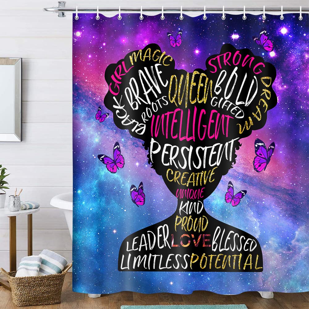 African American Black Girl Shower Curtain, Magic Teen Girl Woman Inspirational Shower Curtain For Bathroom, Afro Hair Black Gir