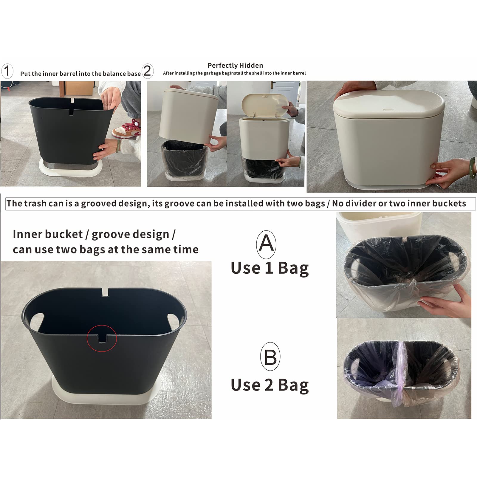 12 Liter Plastic Trash Can With Press Top Lid For Bathroom White Narrow Dog Proof Garbage Can,3.17 Gallon Toilet Waste Basket An