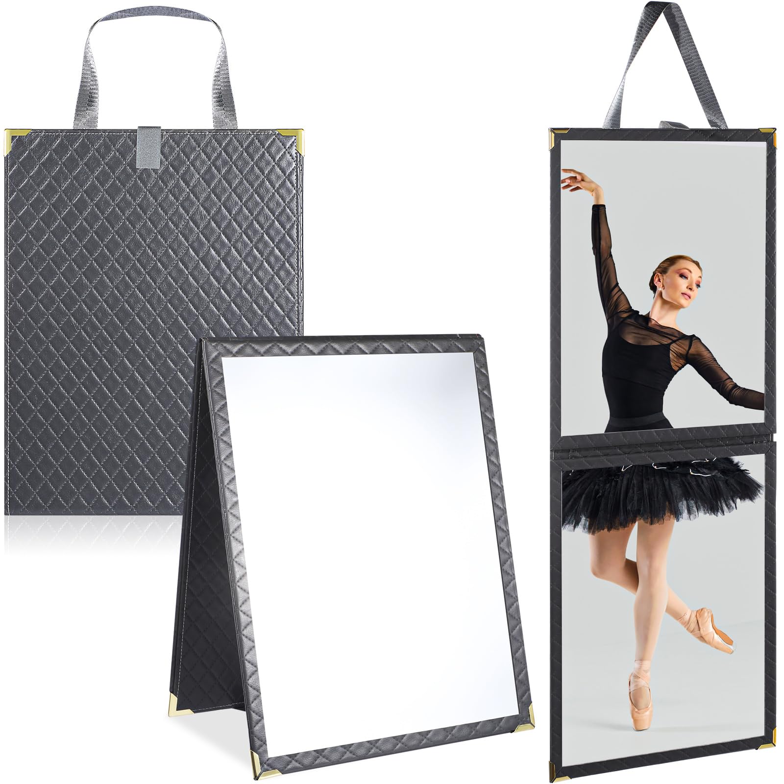 Foldable Backstage Mirror With Handle Leather Folding Hanging Mirror Rectangular For Travel Dance Bag Home Fitness Spa Gift For