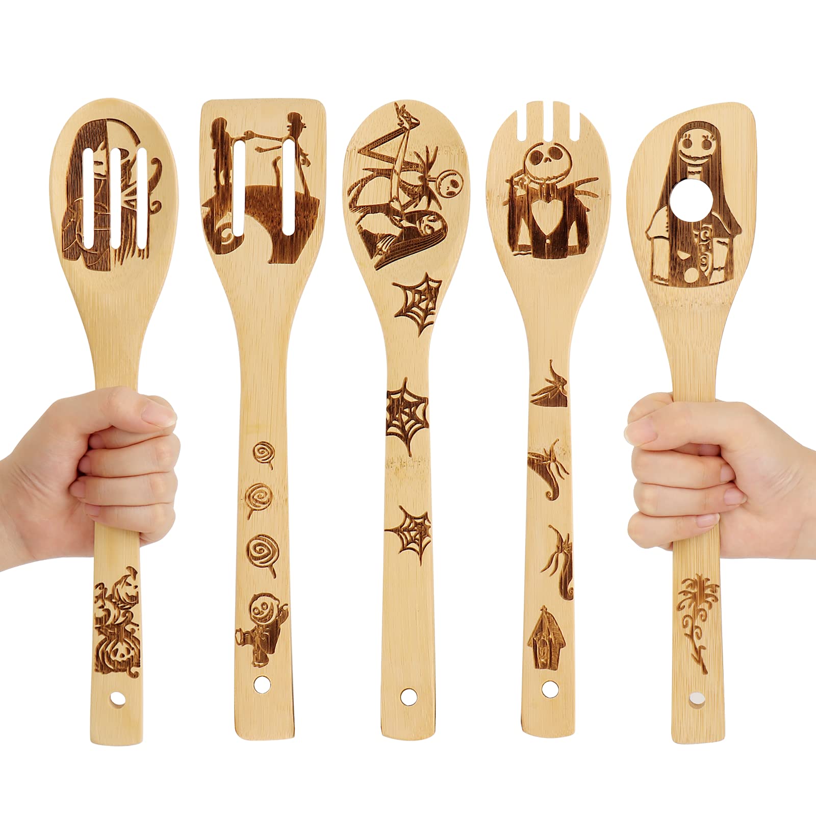 Nightmare Before Christmas Gifts - 5 Pcs Wooden Spoons For Cooking,Nightmare Before Christmas Kitchen Utensils Set,Wood Cooking
