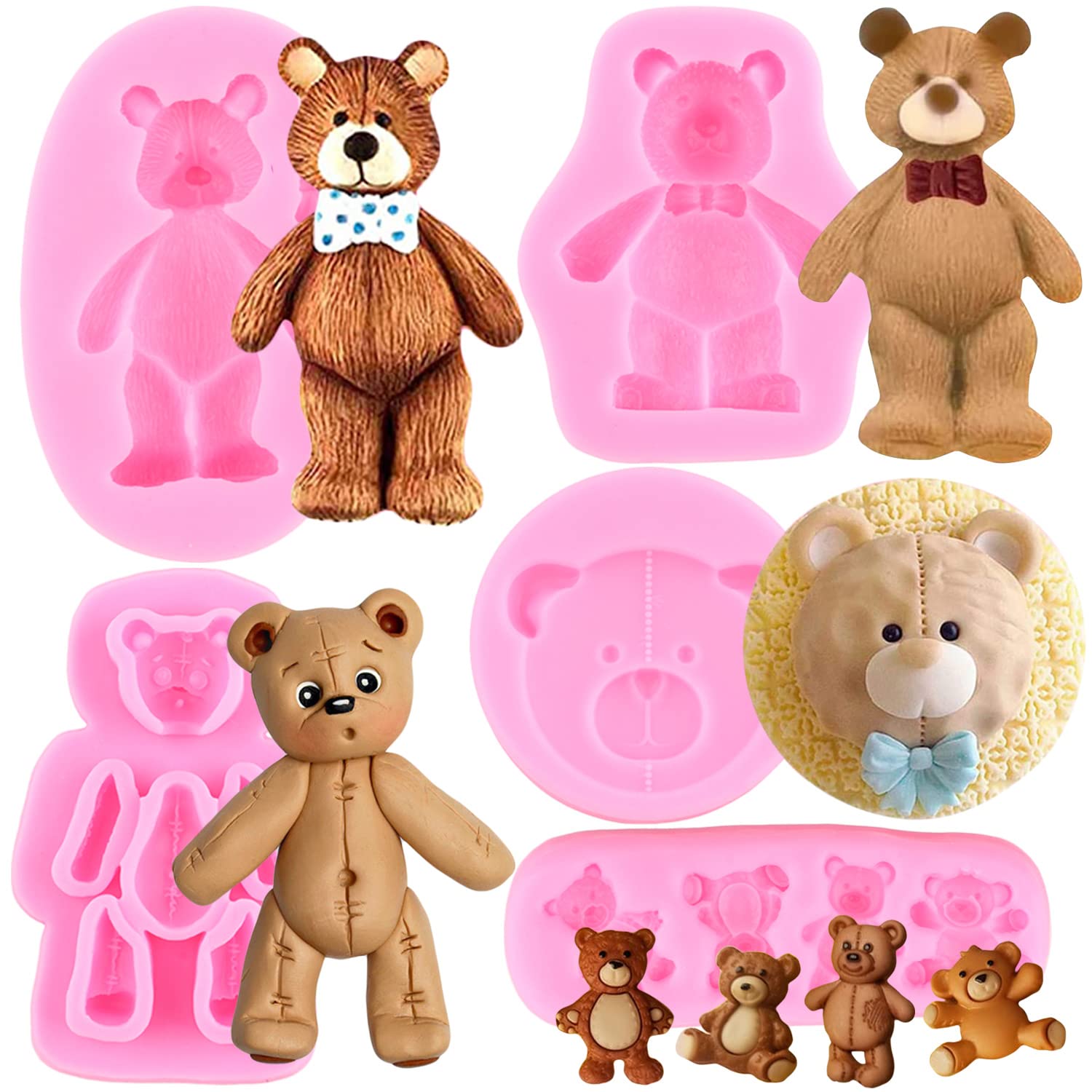 Rfghac Bear Silicone Fondant Molds For Cake Decorating Candy Chocolate Gum Paste Crafting Polymer Clay Set Of 5