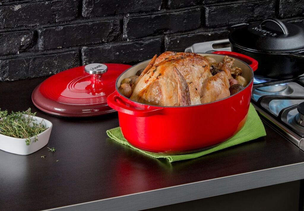 Lodge 7 Quart Enameled Cast Iron Dutch Oven with Lid - Dual Handles - Oven Safe up to 500 F or on Stovetop - Use to Marinate  Cook  Bake  Refrigerate and Serve - Red