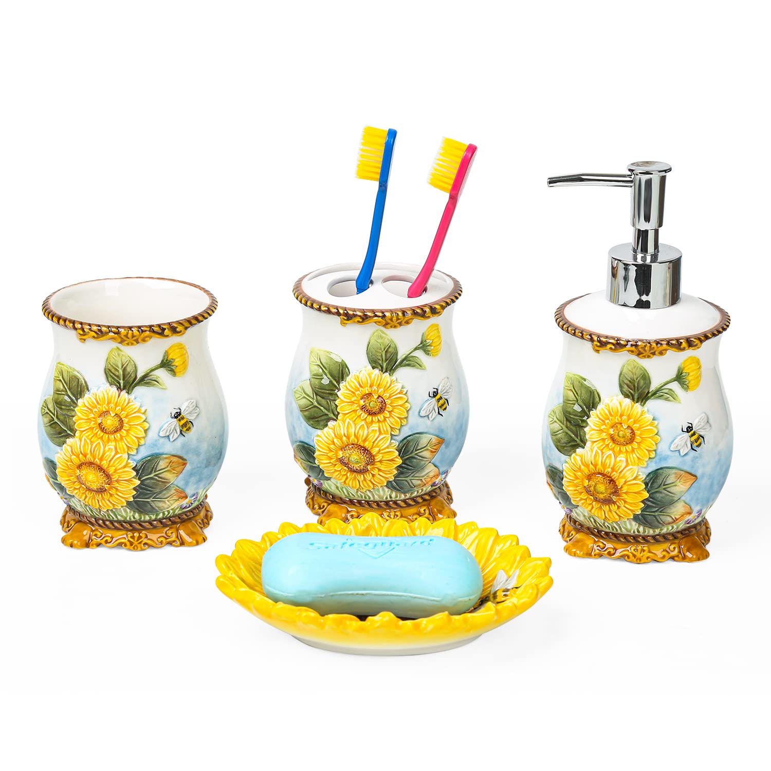 Forlong Ceramic Sunflower Bathroom Accessories Set, 4 Piece Bathroom Ensemble Set With Toothbrush Holder, Toothbrush Cup, Soap D