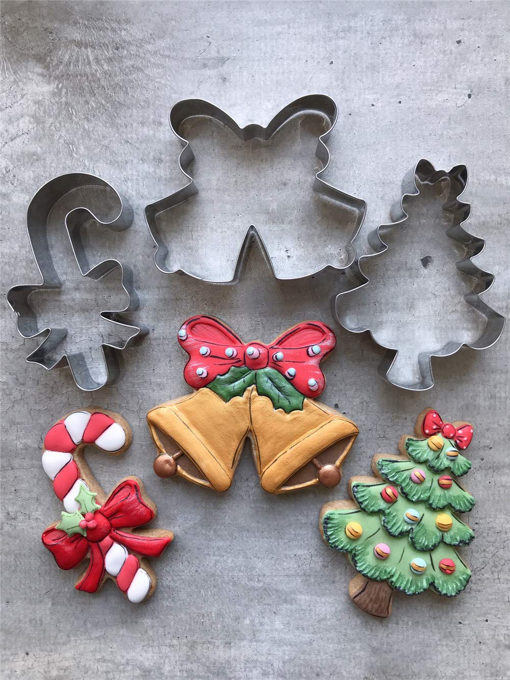 LILIAO Christmas Cute Cookie Cutter Set - 3 Piece - Candy Cane with Bow  Christmas Tree with Bow and Double Bell with Bow/Ribbon Fondant Biscuit Cutters - Stainless Steel