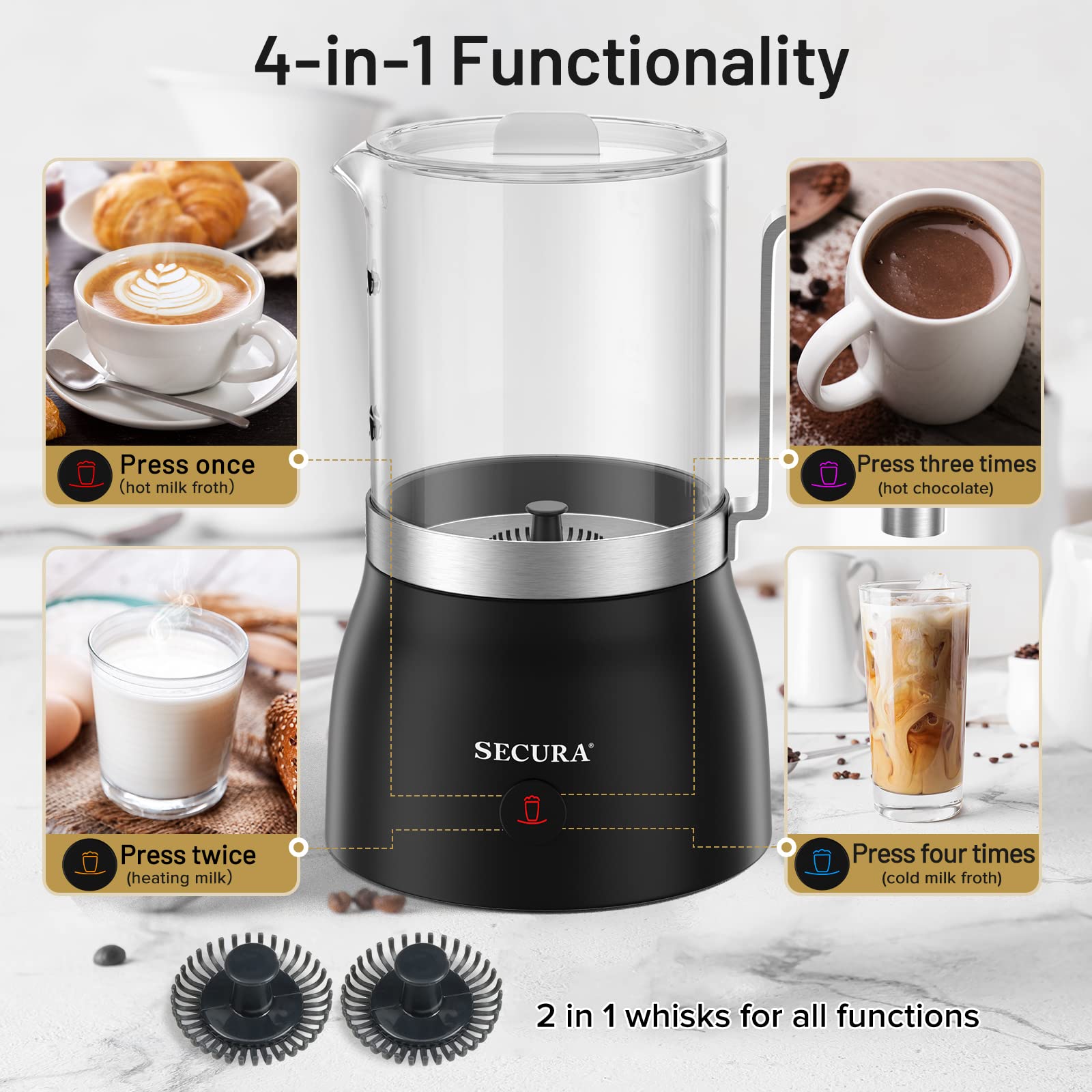 Secura 4-in-1 Milk Frother and Steamer, 17oz Glass Electric Warmer, Transparent, Model F280GL