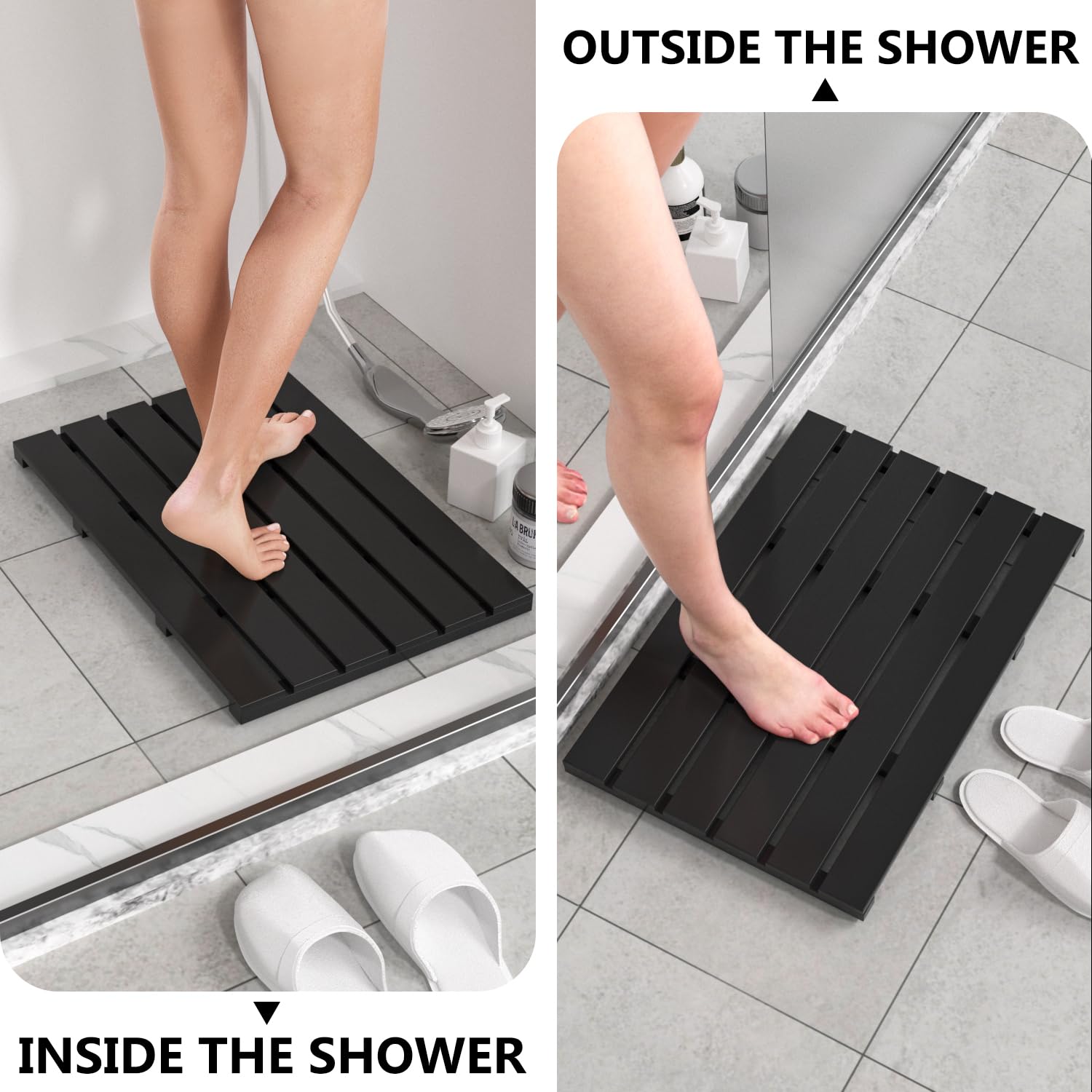 Domax Wooden Bamboo Bath Shower Mat- Non-Slip Waterproof Large Bathroom Floor Mat For Indoor Outdoor (Black, 21.26 X 14.17 X 1.3