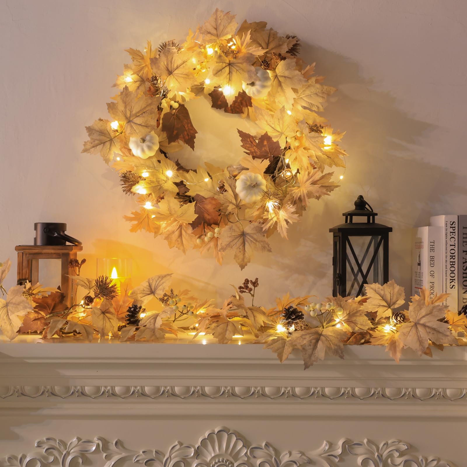 Realistic Fall Wreath with Lights, 22 Fall Wreaths for Front Door with Pumpkins Fall Leaves Berries Pine Cones,Autumn Wreath Fal