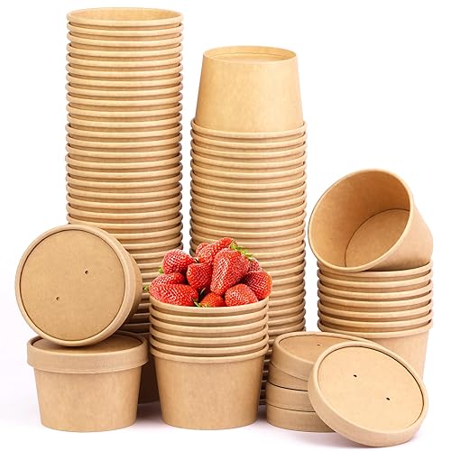 Wuadua 8OZ 75 Pack Paper Soup Containers with lids  Disposable Kraft Food Cups  Soup Cups Paper Ice Cream Cups  Dessert Cups Yogurt Ice Cream Containers.Great For Restaurants  Take Outs  To-Go Lunch