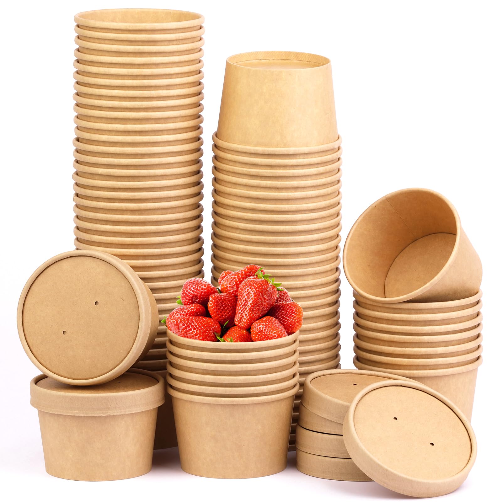 Wuadua 8Oz 75 Pack Paper Soup Containers With Lids, Disposable Kraft Food Cups, Soup Cups Paper Ice Cream Cups, Dessert Cups,Yog