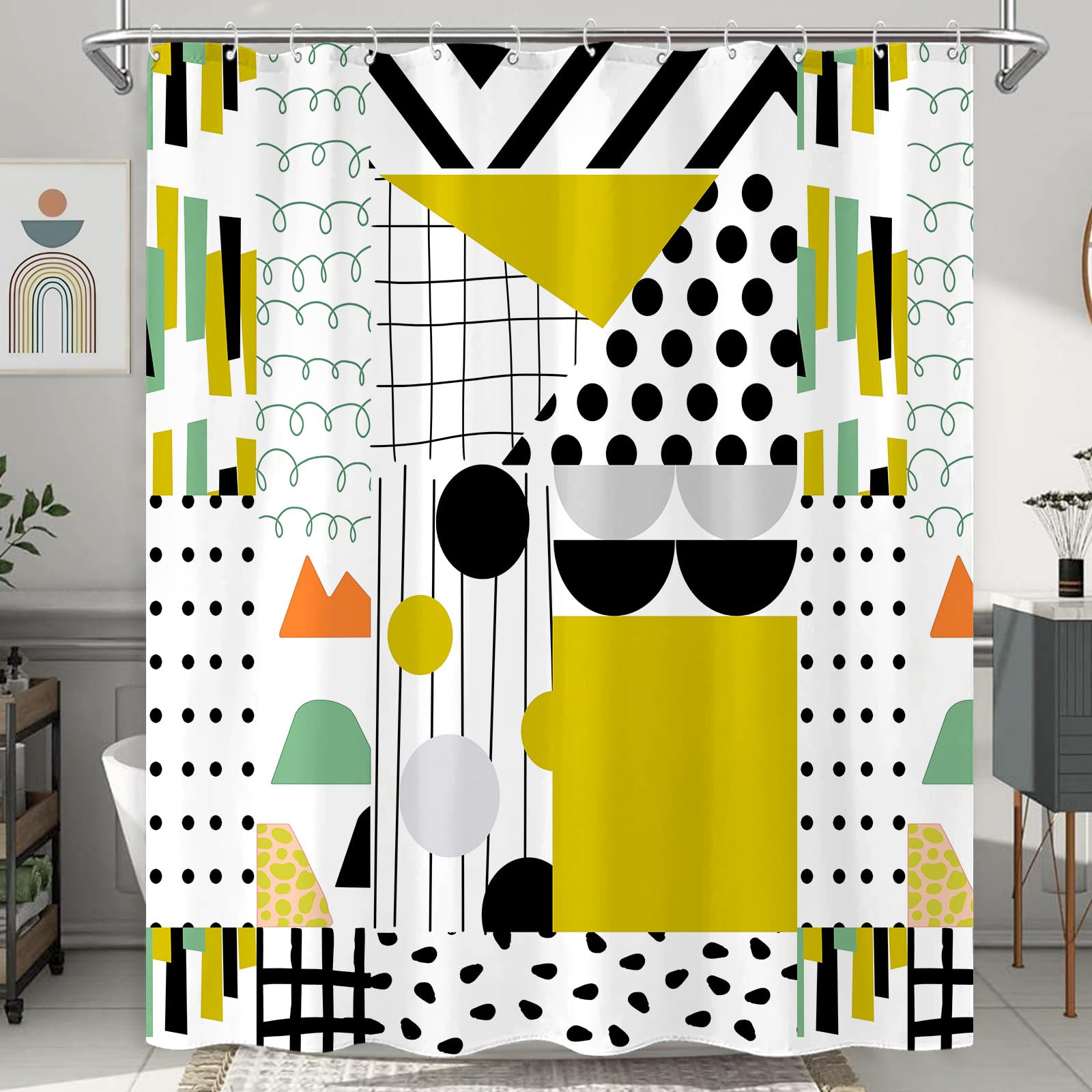 Zussun 84 Inch Extra Long Bright Geometric Shower Curtain Mid Century Modern Shower Curtains For Bathroom Abstract Yellow Black
