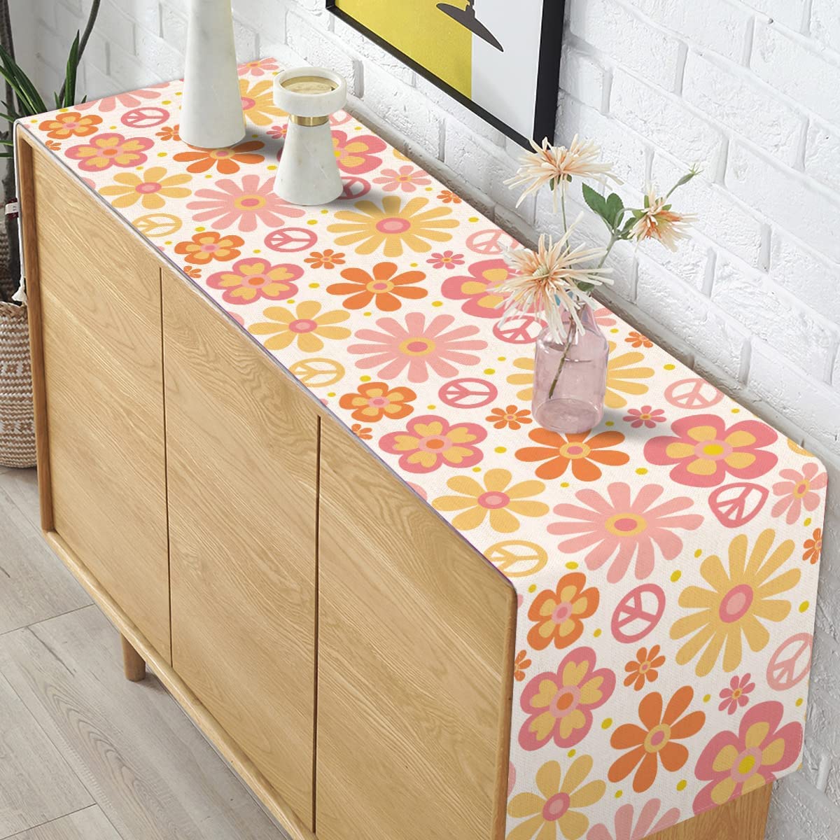 Groovy Table Runner Hippie Daisy Flower Peace Love Birthday Party Retro Kitchen Dining Home Decoration (13'' X 90'')