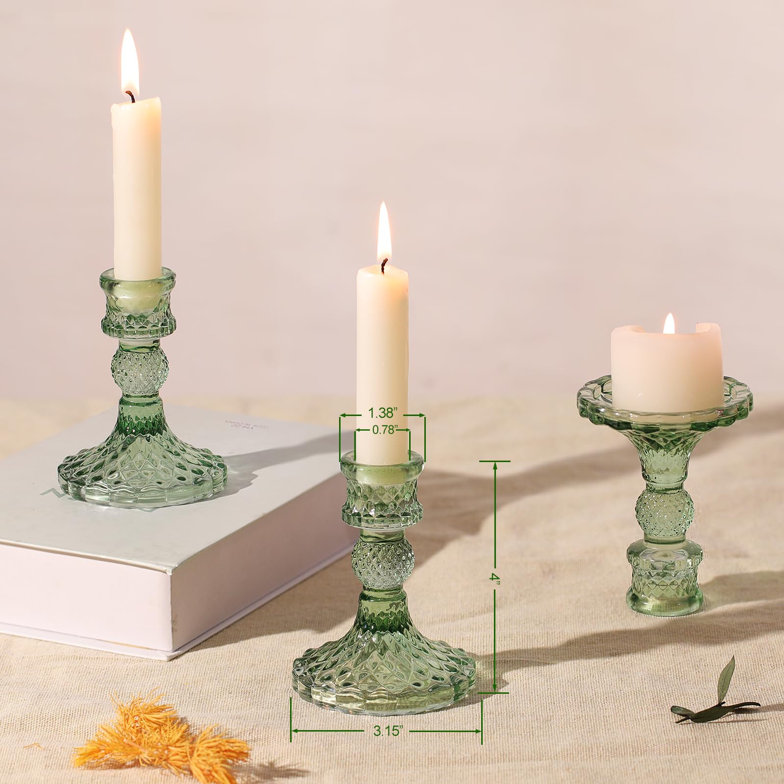 12Pcs Green Candlestick Holders Set- 4 H Taper Candle Holders Bulk, Glass Candle Holders for Wedding, Party, Romantic Dinner Tab