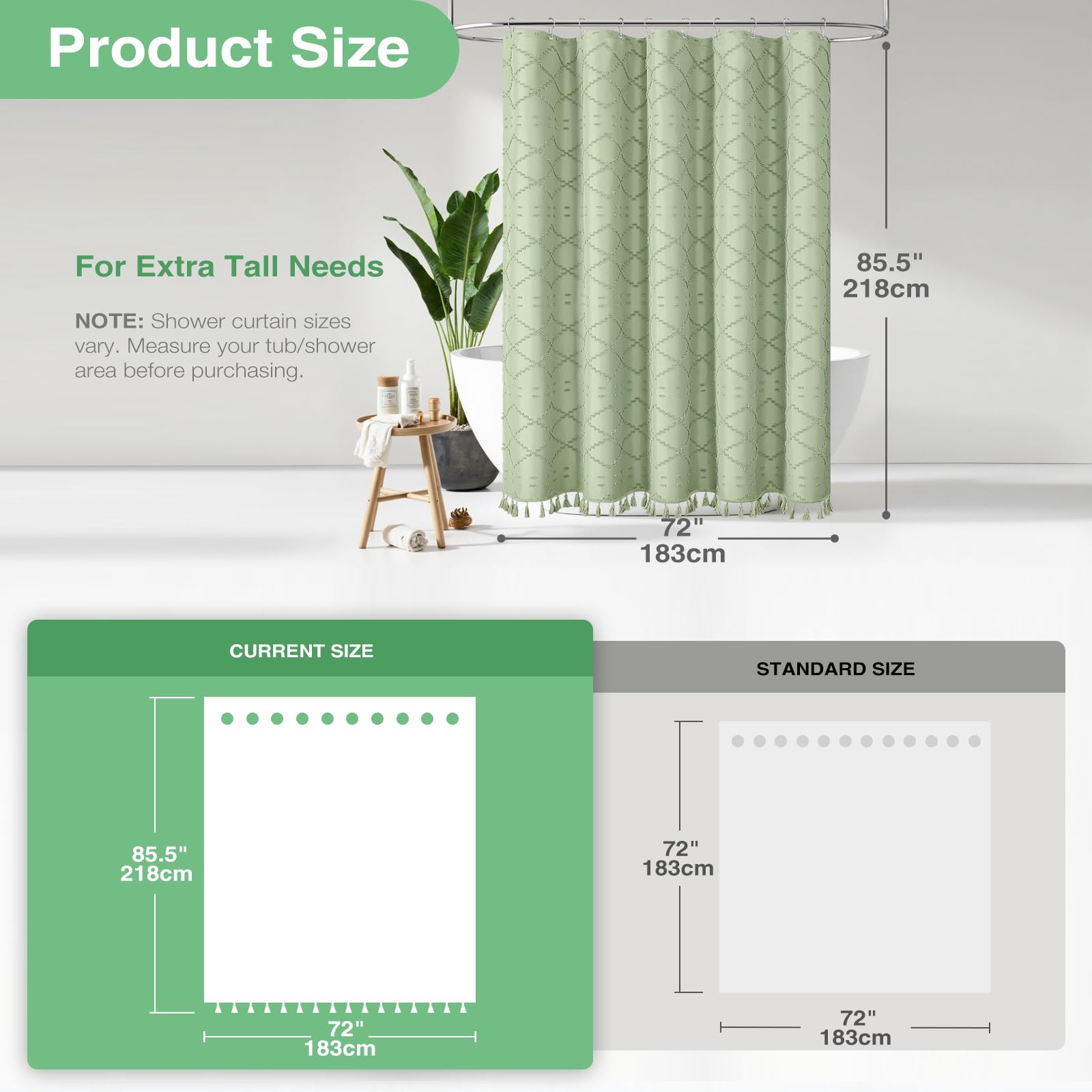 Dynamene Extra Long Shower Curtain, 84 Inch Long Boho Tufted Geometric Striped Fabric Shower Curtains For Bathroom, Tall Shabby