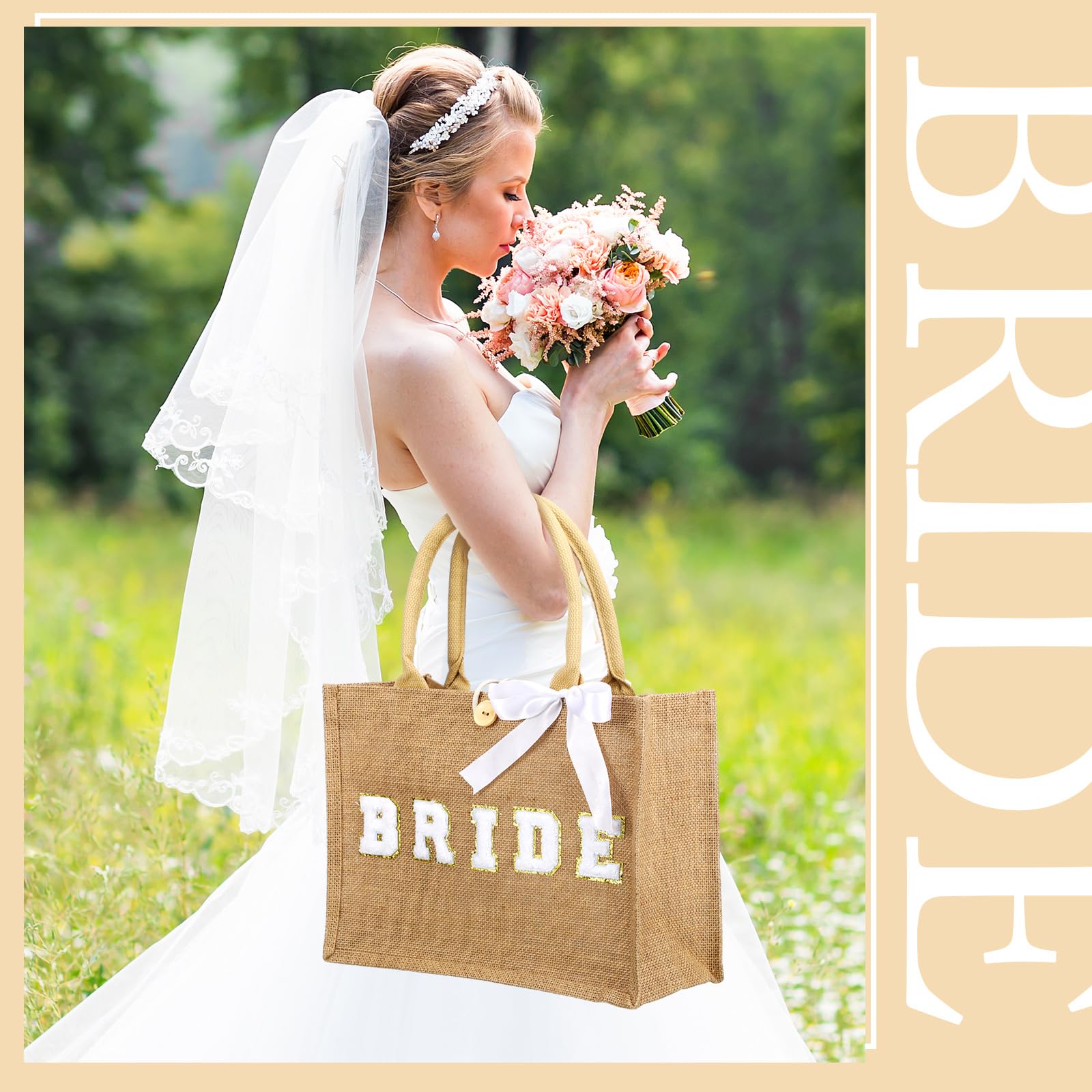 Silkfly Wedding Bride Bag Natural Jute Tote with Ribbon Bride Gift Bag with Handle for Shower(Gold Diamond,Bride)