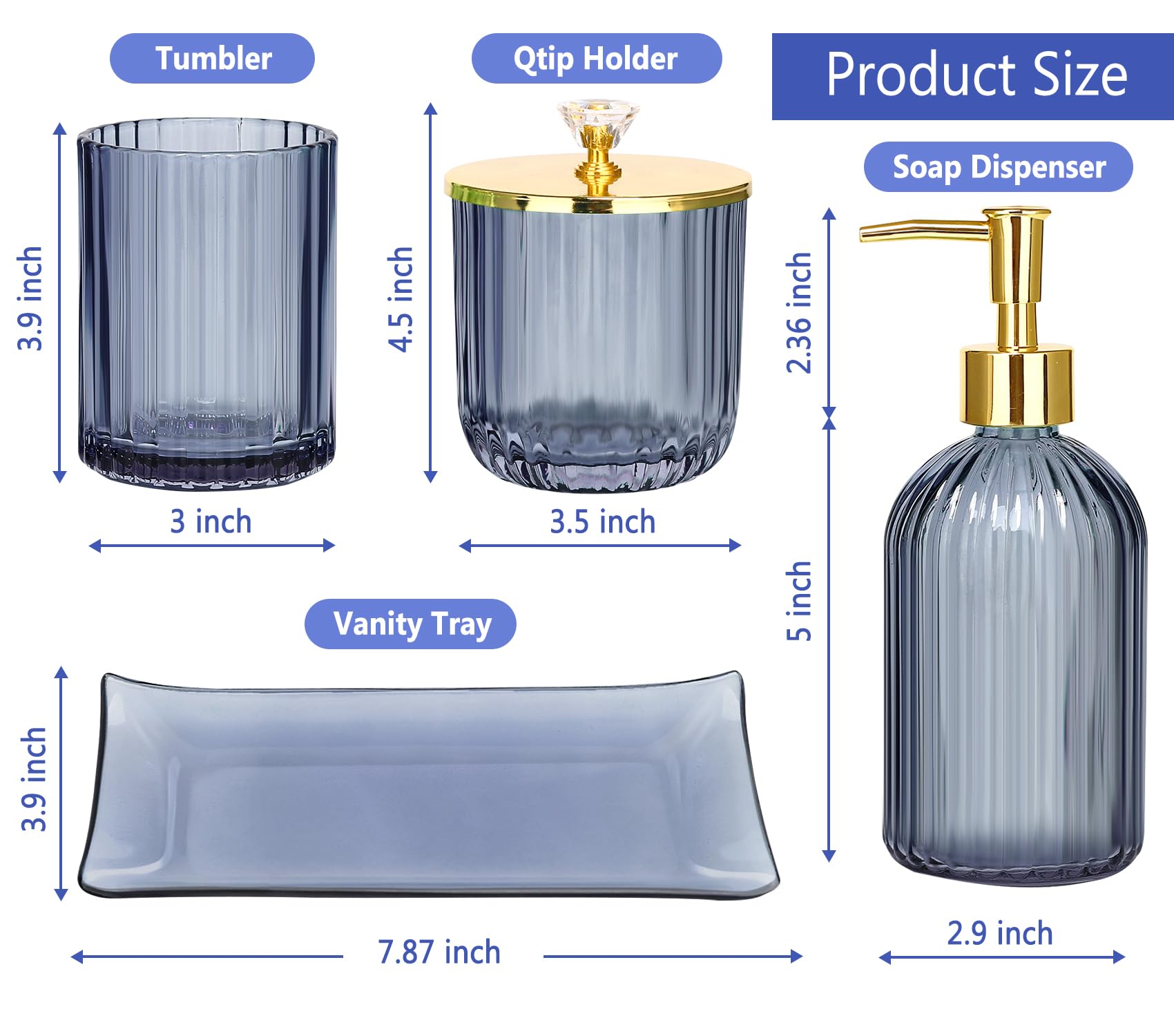 Haturi Bathroom Accessories Set, 4 Pcs Blue Glass Bathroom Accessories Sets Complete W/Lotion Soap Dispenser, Toothbrush Holder,