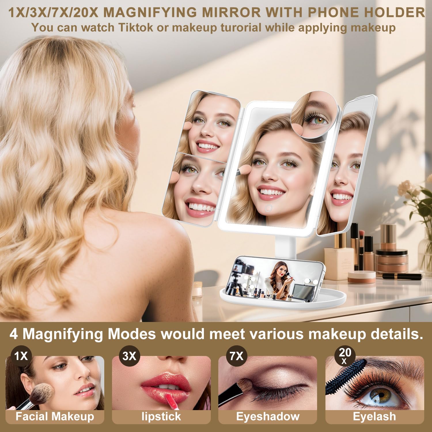 Mocado Makeup Mirror with Lights, 20X/7X/3X Magnifying Mirror with Light,Rechargeable & Height Adjustable Lighted Makeup Mirror,