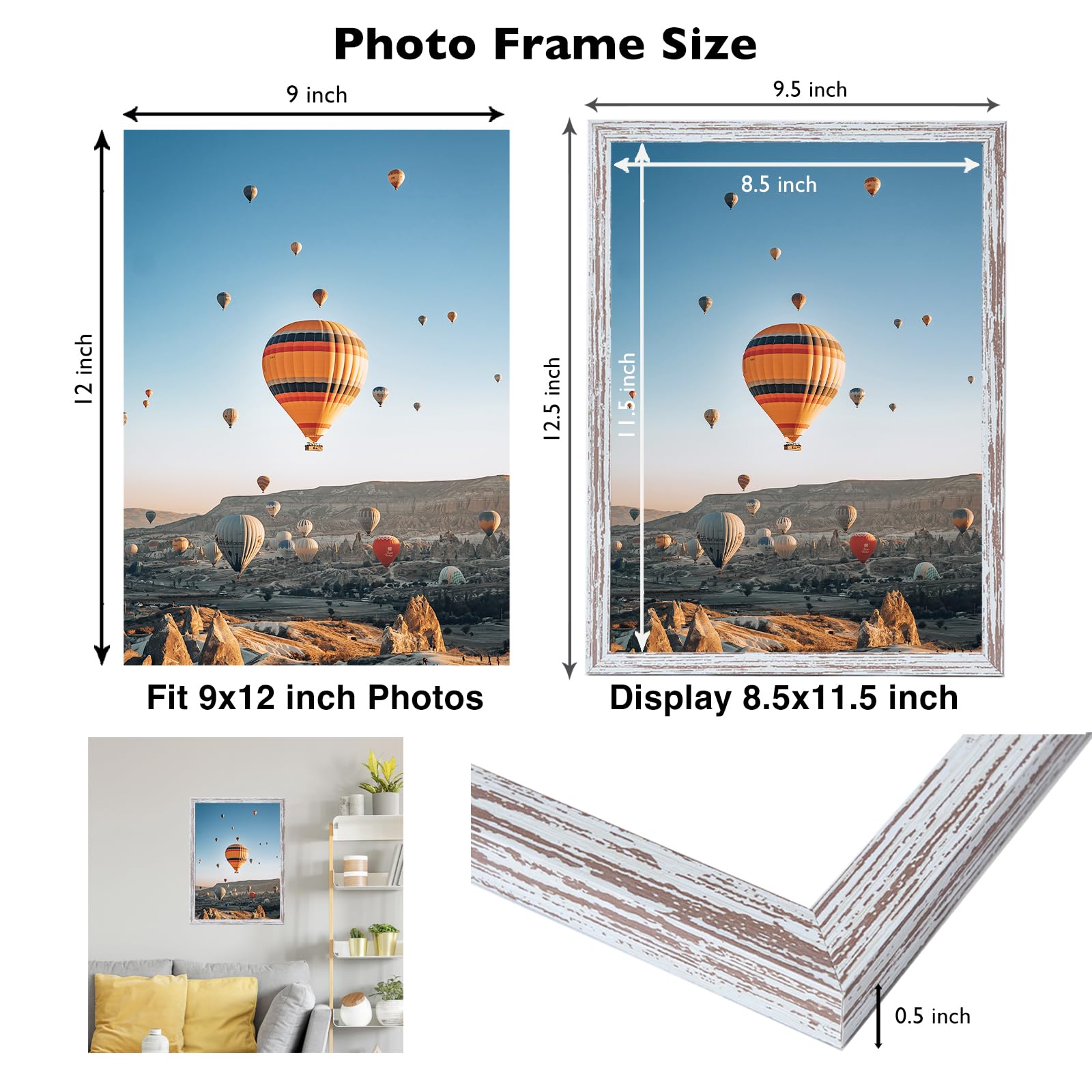 JCJMY 9x12 Picture Frame Rustic White for Wall Hanging, Wall Mounting Horizontally or Vertically, 9 x 12 Wall Gallery Poster Pho