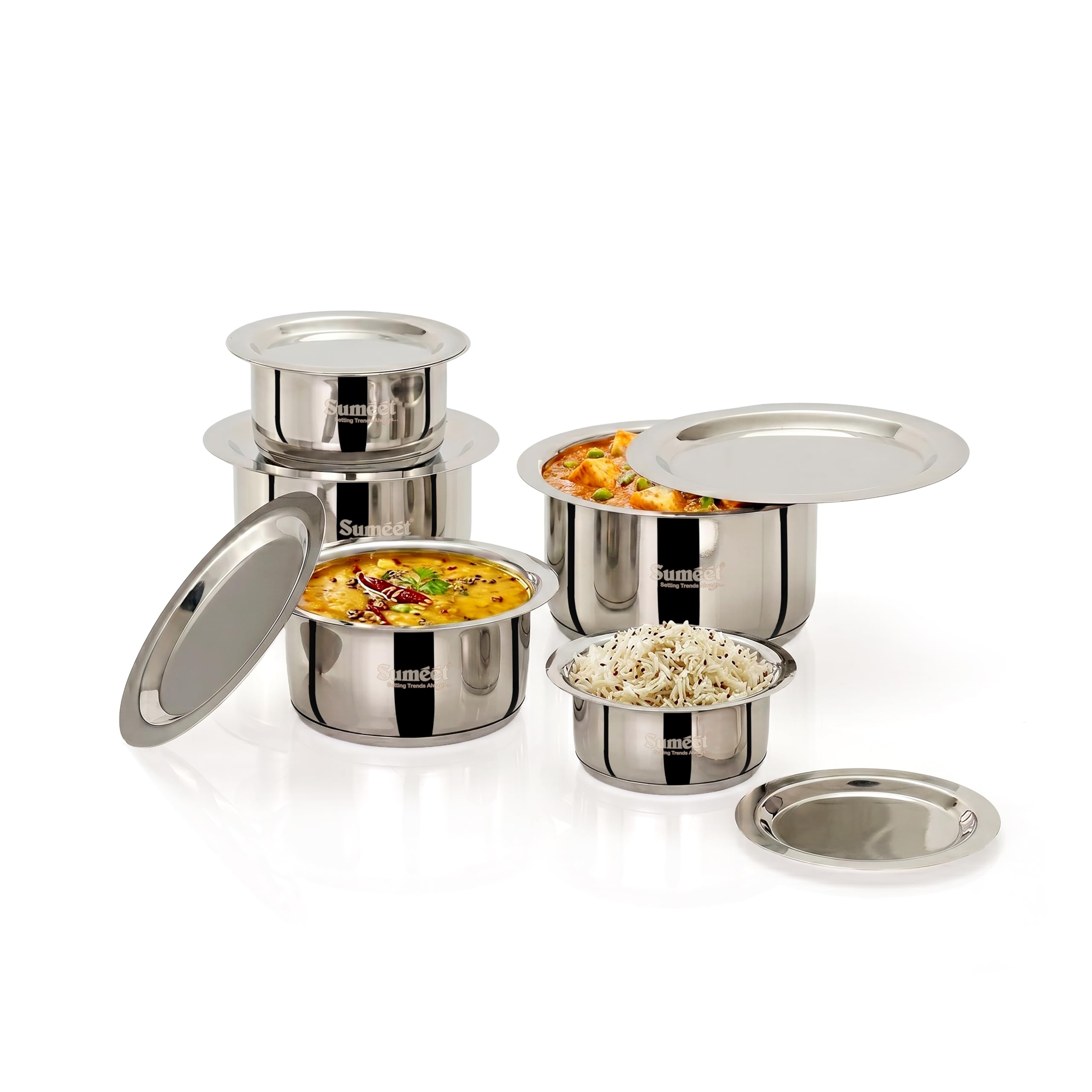 Sumeet ISI Certified Induction Bottom (Encapsulated Bottom) Induction & Gas Stove Friendly Container Set Tope Cookware Set of 5Pcs with Lid - 350ml  550ml  750ml  950ml & 1400ml- Silver
