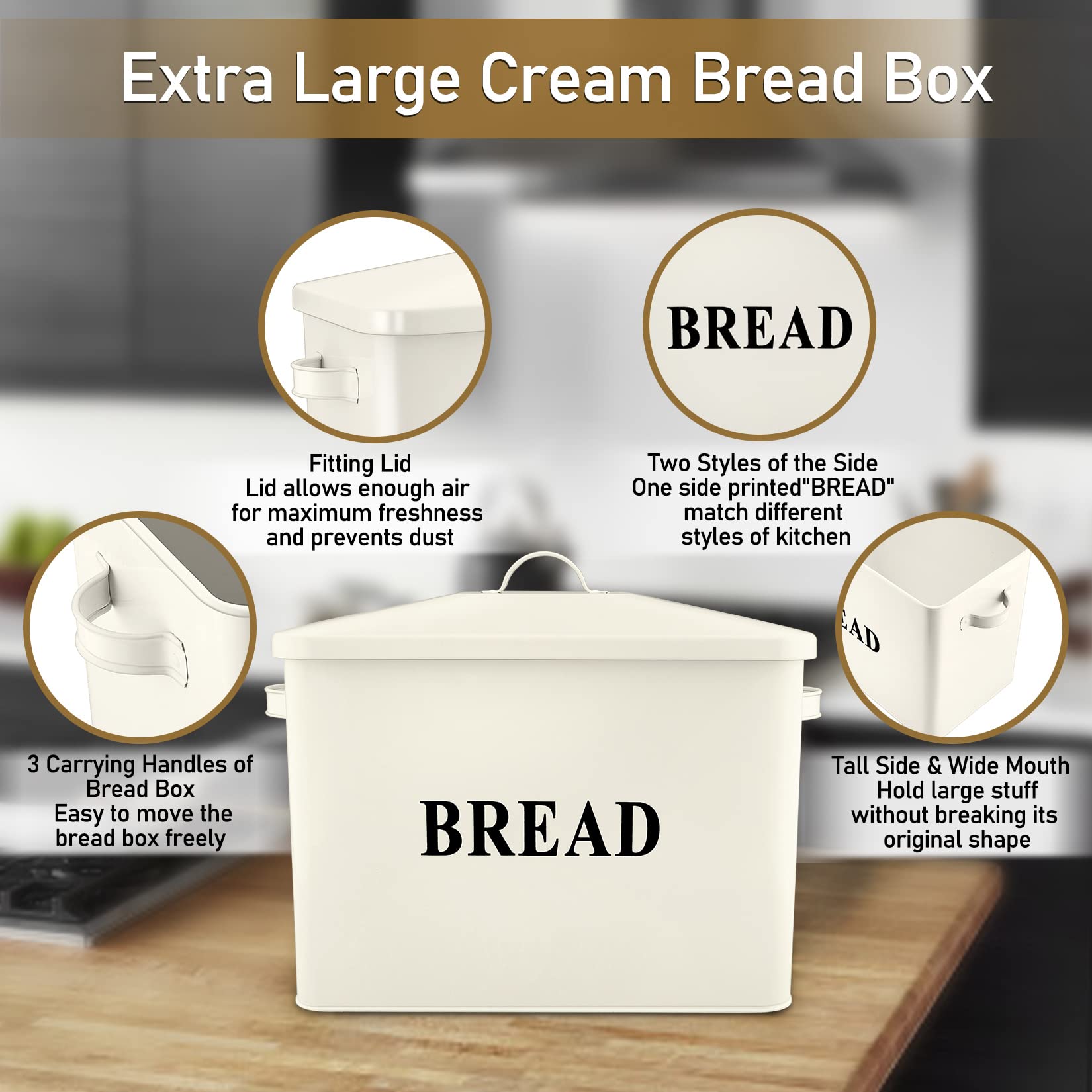 P&P Chef Extra Large Cream Bread Box With Lid, Metal Bread Storage Container For Farmhouse Kitchen Countertop, 13.1    X 11.81