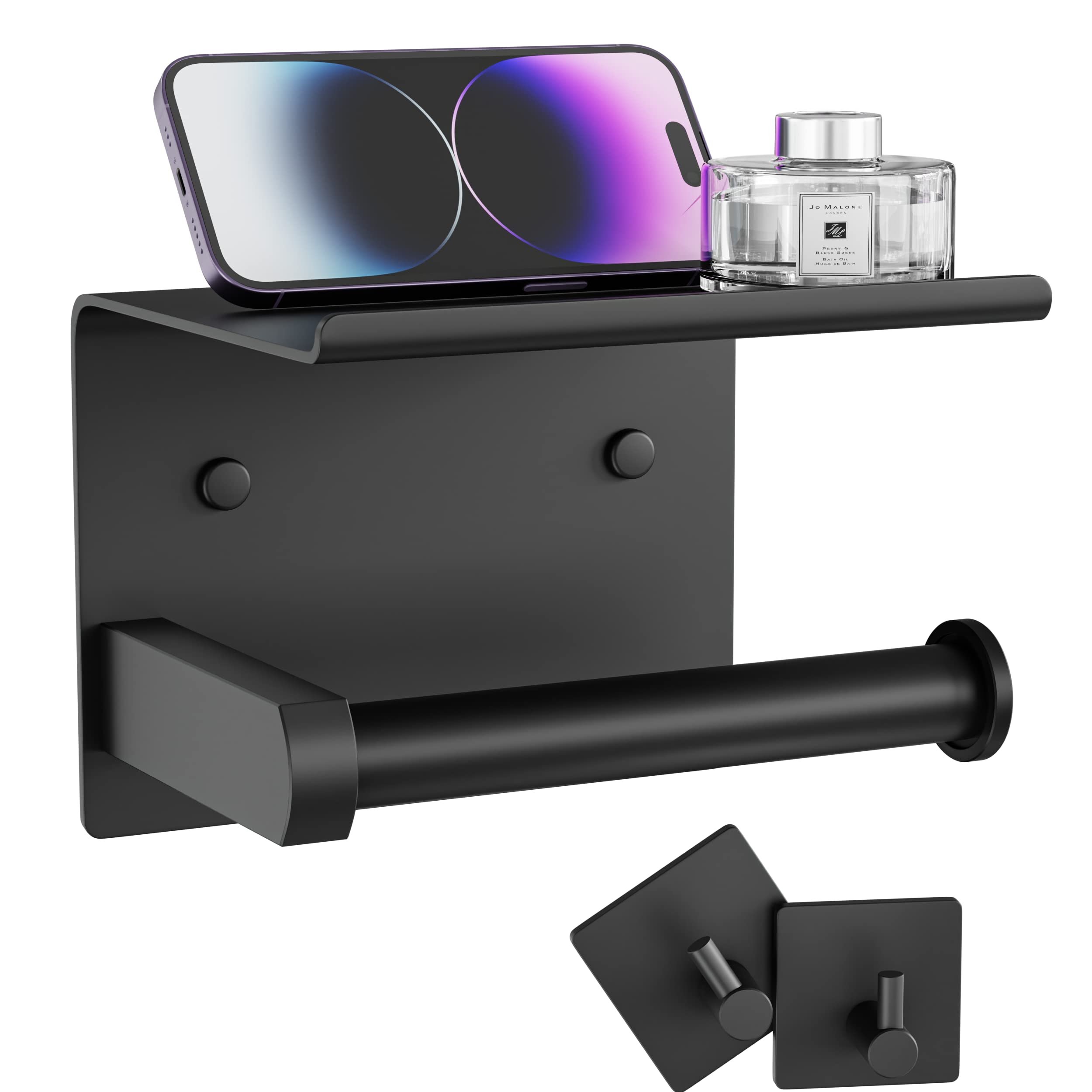 Tindbea Toilet Paper Holder Phone Shelf + Towel Hooks, Adhesive Or Wall Mounted Bathroom Tissue Roll Storage, Stainless Steel Ho