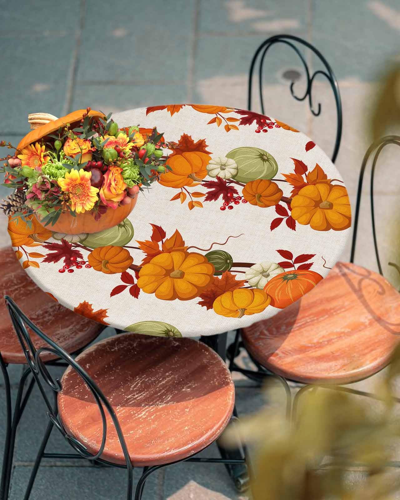 Chucoco Thanksgiving Day Round Fitted Table Cover For Dining Tables,Elastic Edged Tablecloth Autumn Maple Leaf Pumpkins Vines Wa