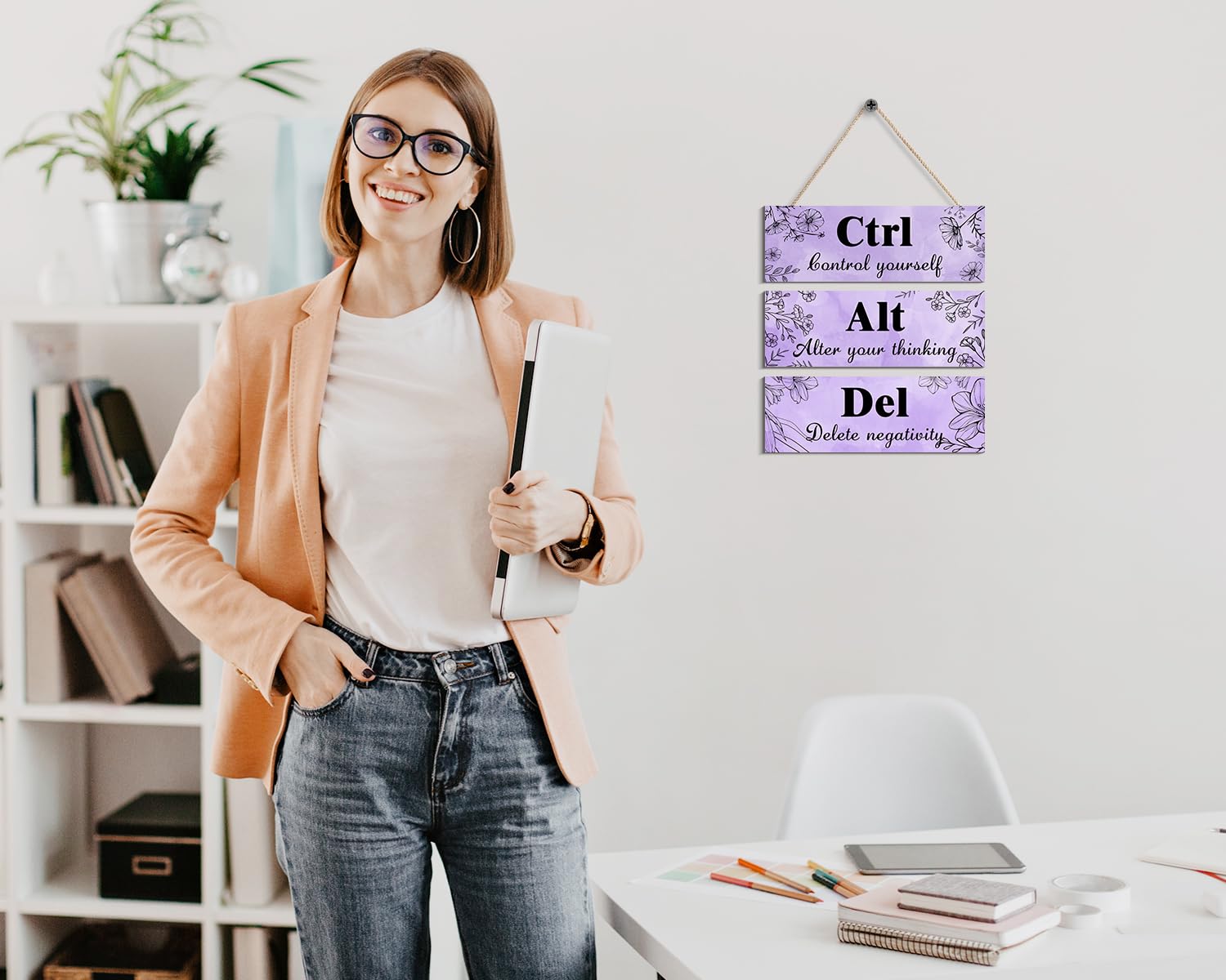 Ctrl Alt Del Inspirational Office Wall Decor, Red Rose Wall Art Wooden Wall Hanging With Positive Quotes For Girl Women Home Wal