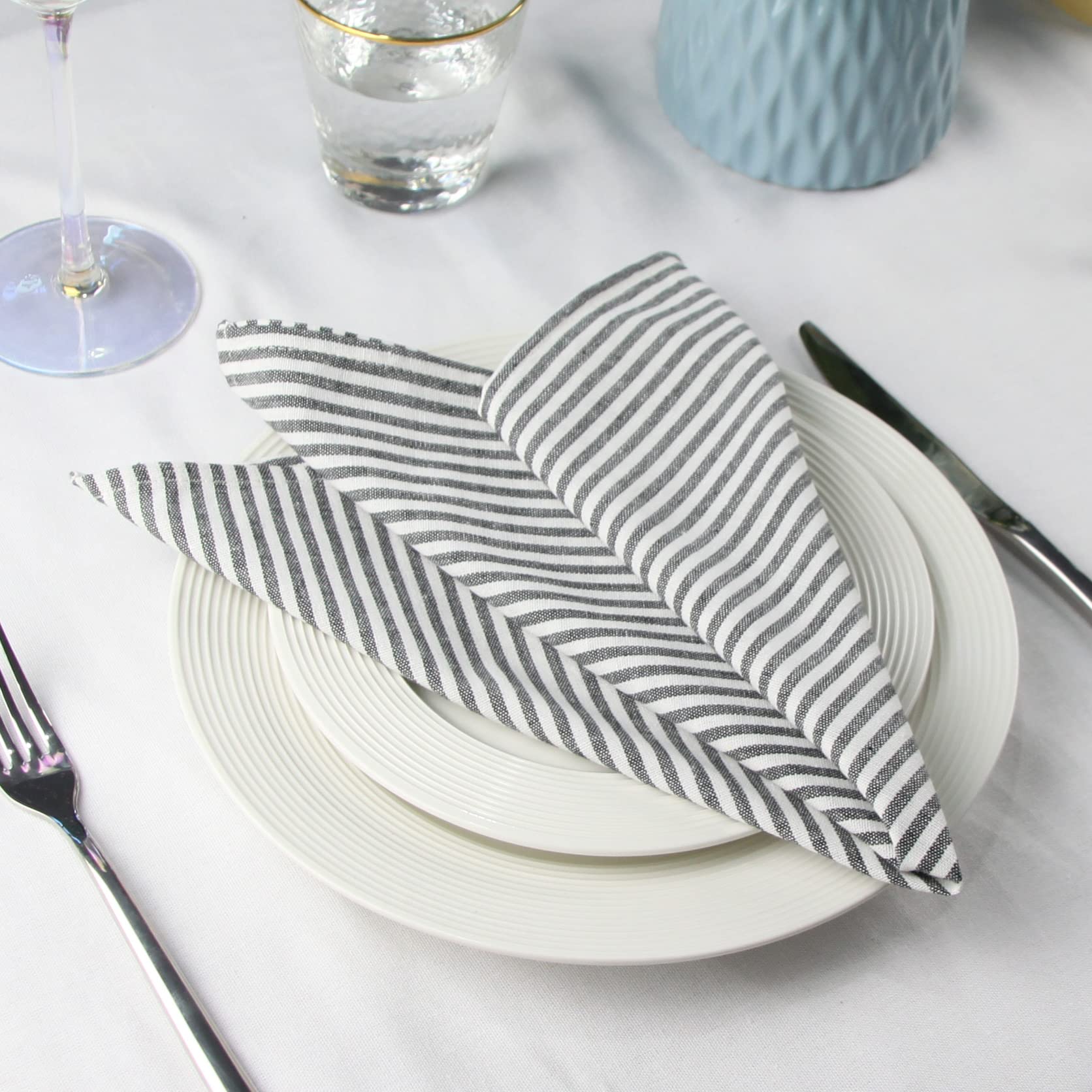 Infei Plain Striped Cotton Linen Blended Dinner Cloth Napkins - Set Of 12 (17 X 17 Inches) - For Events & Home Use (Black)